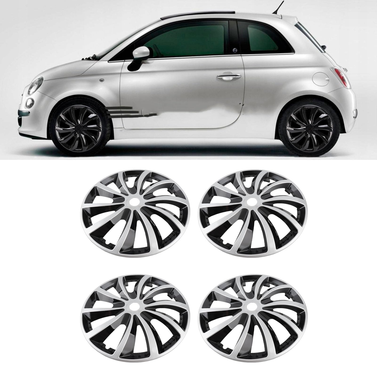 Eujgoov Copricerchi in ABS da 15 Pollici, Coprimozzi Universali con Clamp/Holder per Seat 208 V40, Protezioni per Cerchioni Leggere Ed Eleganti per Ruote in Acciaio (Argento Nero)