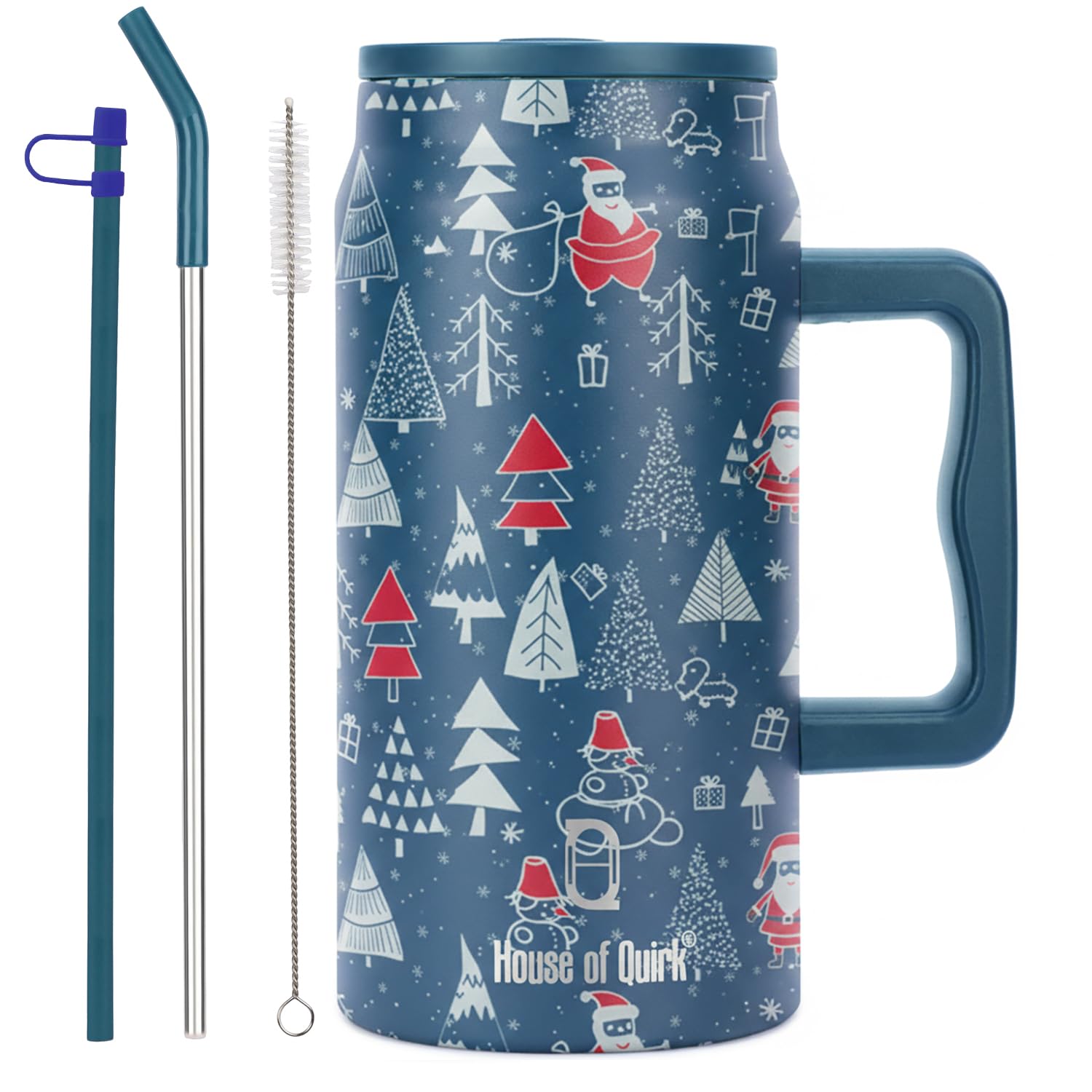 House of Quirk 1500ML Stainless Steel Mug Tumbler with Handle & Straw Lid – Large Water Bottle for Men & Women (Merry Blue)