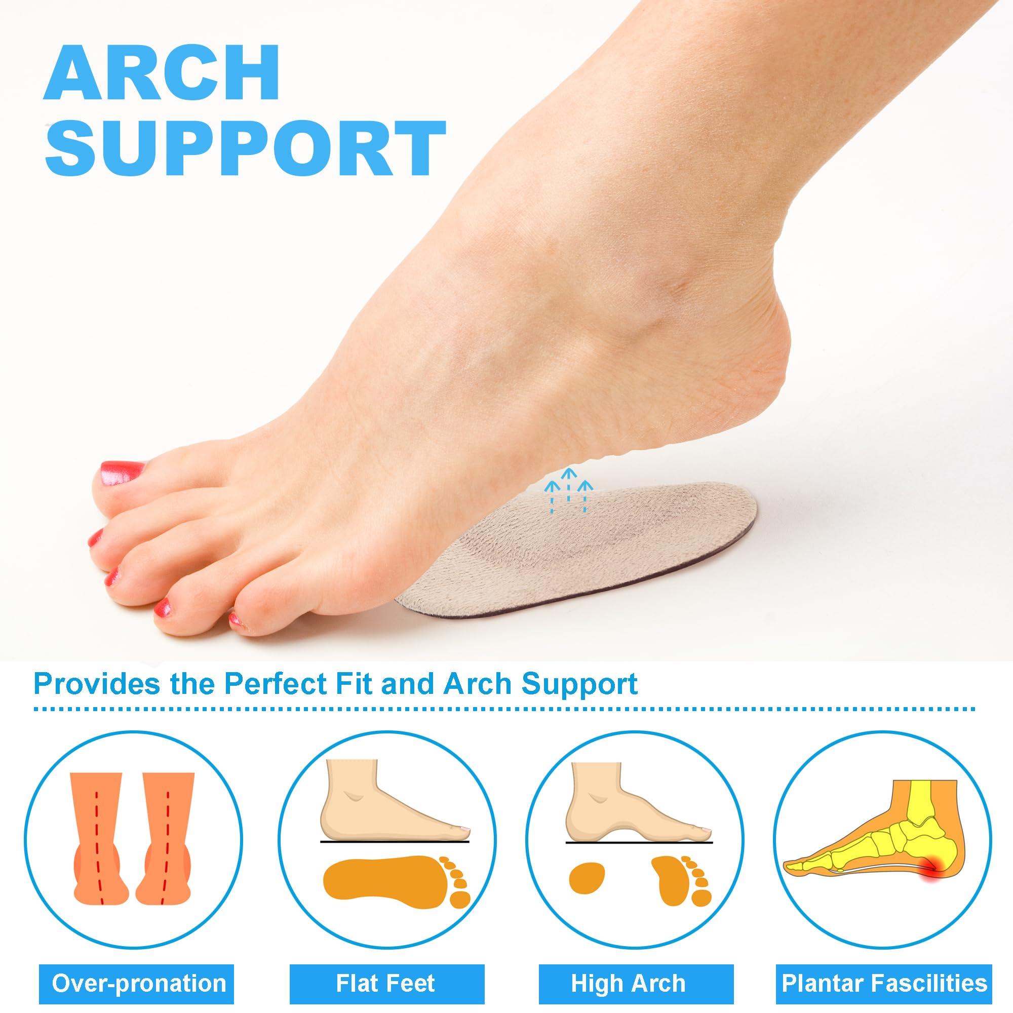 Soporte de arco de gel, 3 pares de plantillas de zapatos para pies planos, inserciones de arco reutilizables para fascitis plantar, almohadilla adhesiva para aliviar la presión y el dolor de pies
