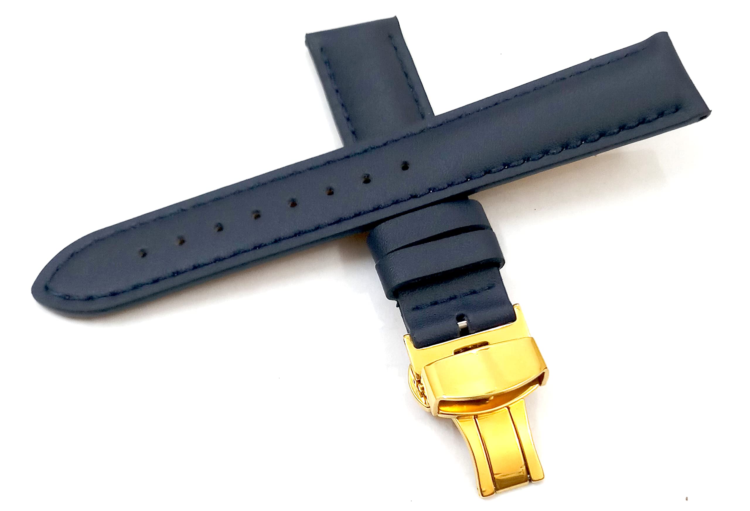 Ewatchaccessories 22mm Genuine Leather Dark Blue With Blue Stich Watch Band Strap for Men and Women | Comfortable and Durable Material | Deployment Golden Buckle (B09YRV5JRQ) Amazon Price History, Amazon Price Tracker