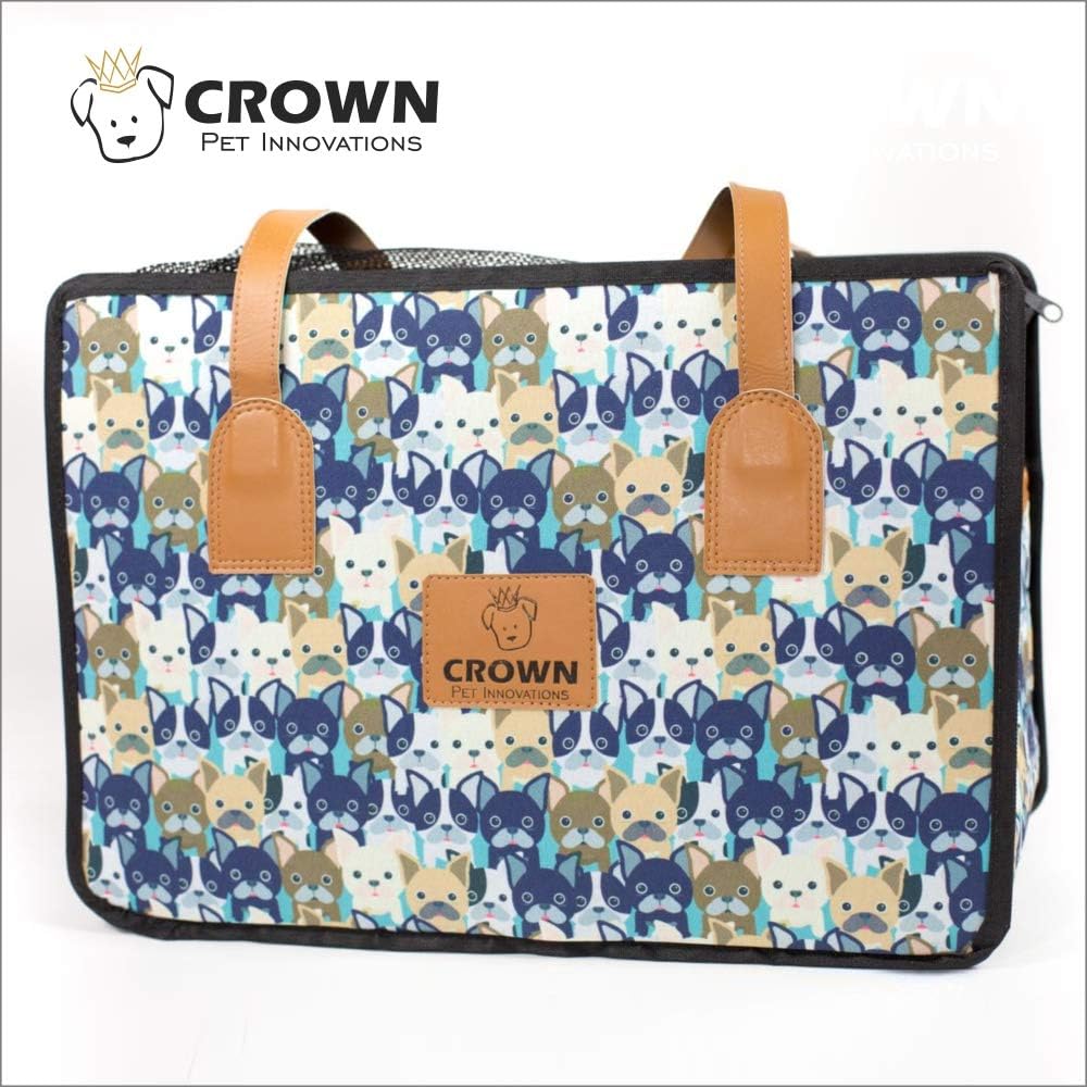 Crown Pet Innovations | Dog Carrier Purse | Travel Dog Carrier Handbag | Designer Pattern | Medium 16”L x 8”W X 11”H | Blue