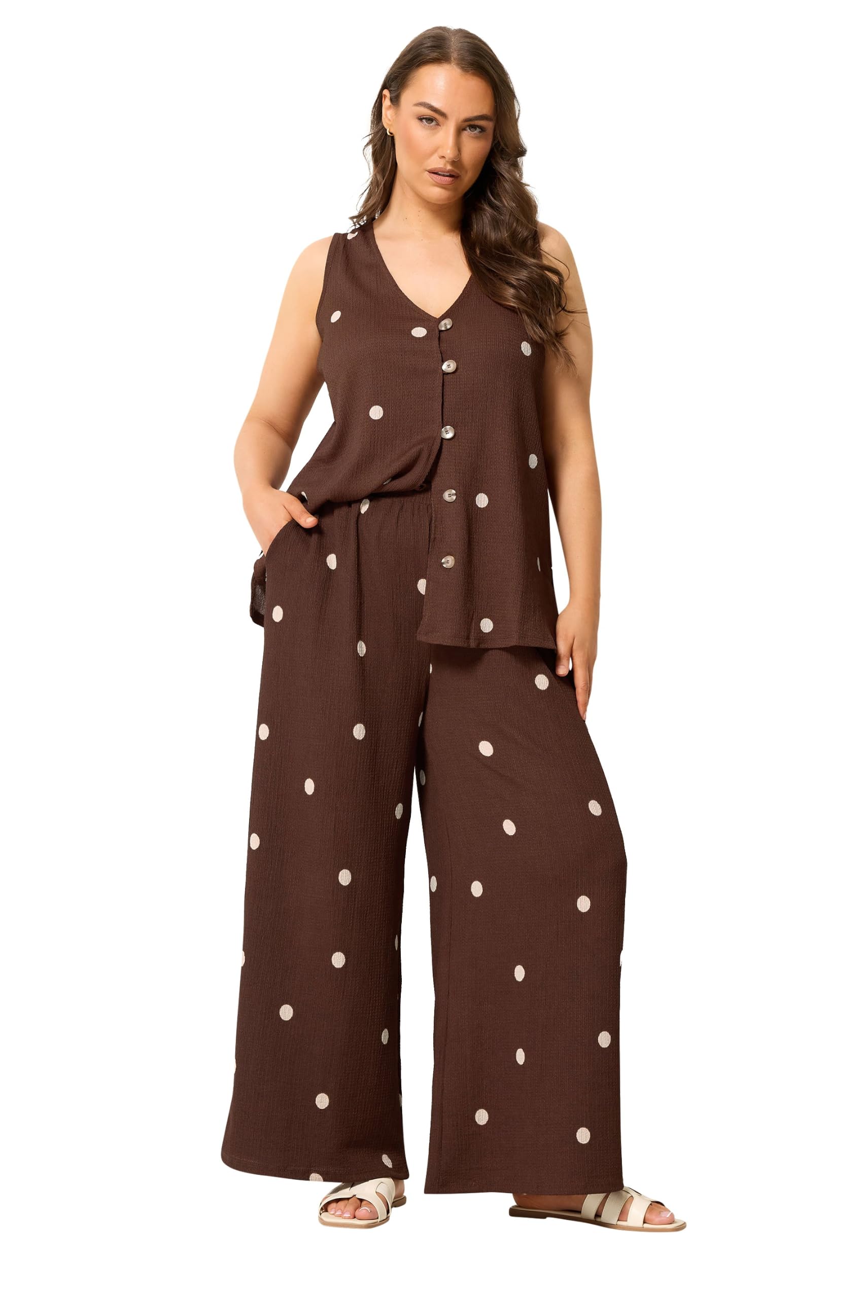 Yours Curve Brown Polka Dot Crinkle Trousers - Women's - Plus Size Curve