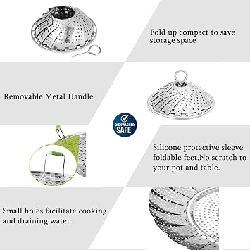 Steamer Basket Stainless Steel Vegetable Basket Metal Handle Folding Silicone Feet Steamer Insert for Cooking Veggies Fish Seafood Include Safety Tool,Fit Various Pot Pressure Cooker (7.1 to 11)