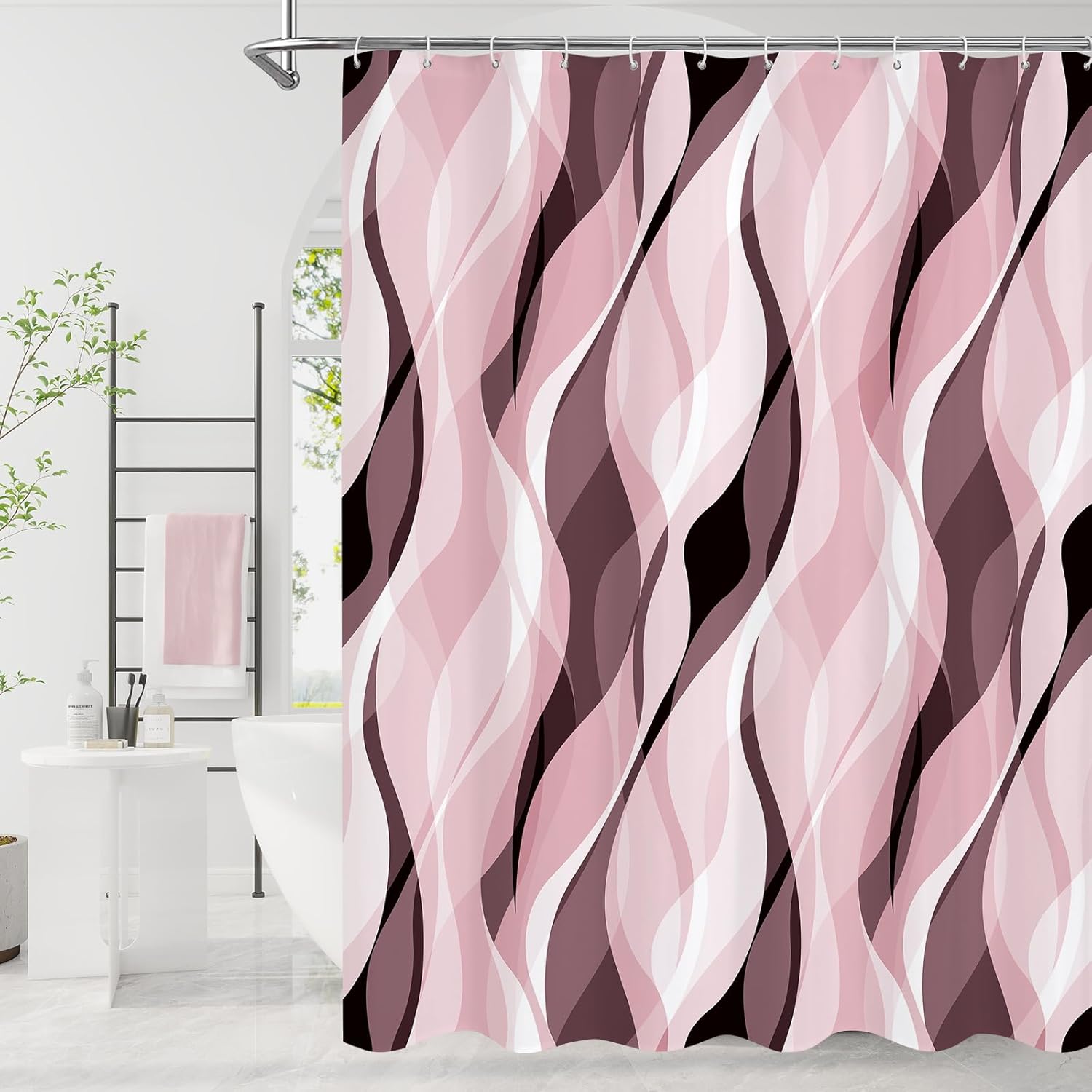 Litabel Pink Black Wavy Ombre Shower Curtain with Luxury Striped Design, Waterproof Quick-Dry Fabric, Modern Abstract Bathroom Curtain Set with 12 Hooks, 72x72 Inches