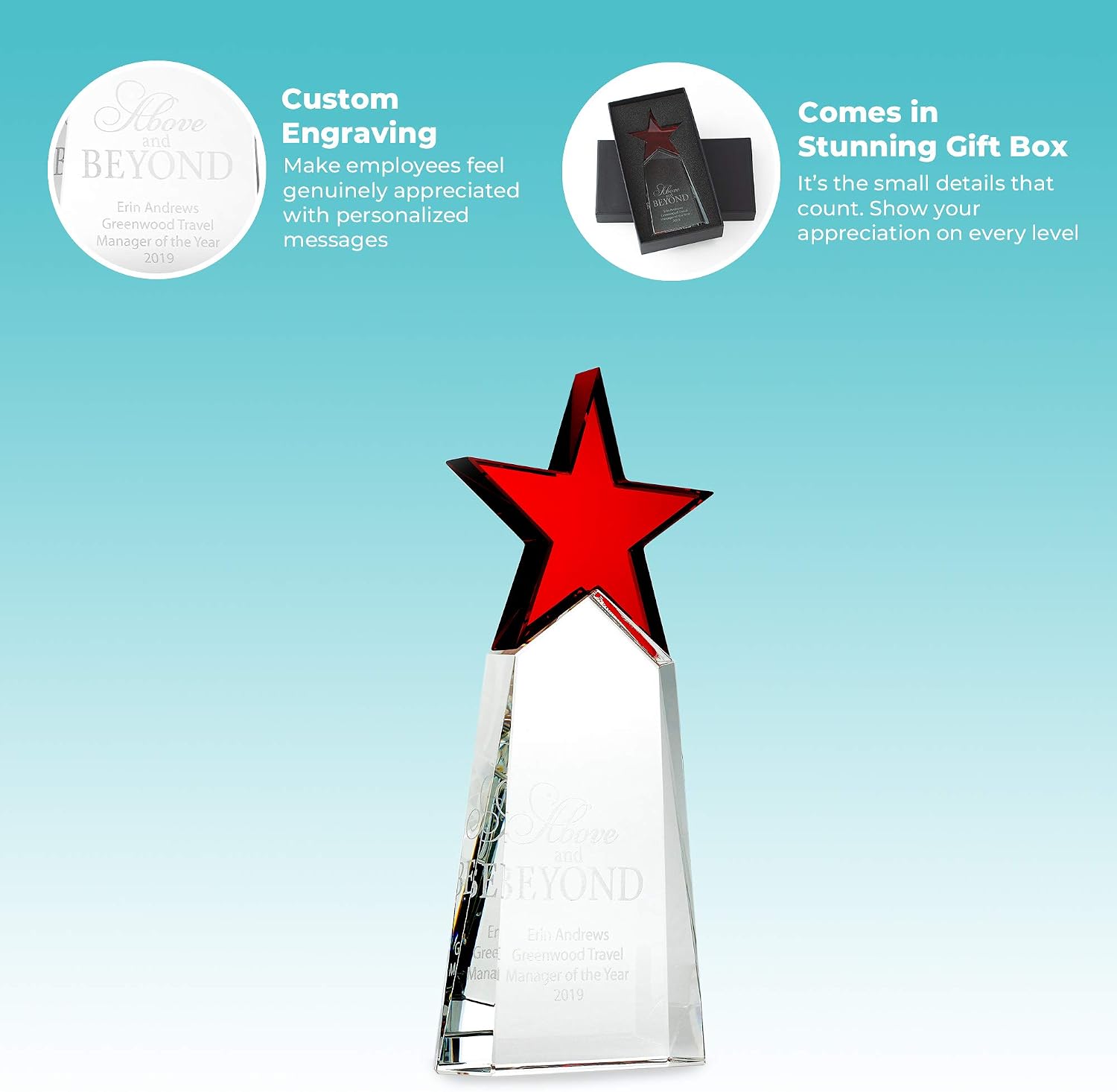 Baudville Engraved Trophy - Crystal - Tower with Star on Top - Award for Employees - Personalized Engraving Up to Four Lines and Pre-Written Verse Selection - Comes in Gift Box