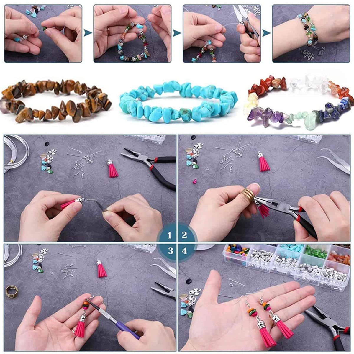 Kit Creazione Gioielli Fai da Te con Pietre Preziose Naturali Set per Collane, Bracciali e Orecchini (1 Scatola con 15 Colori, Circa 980 Pezzi)