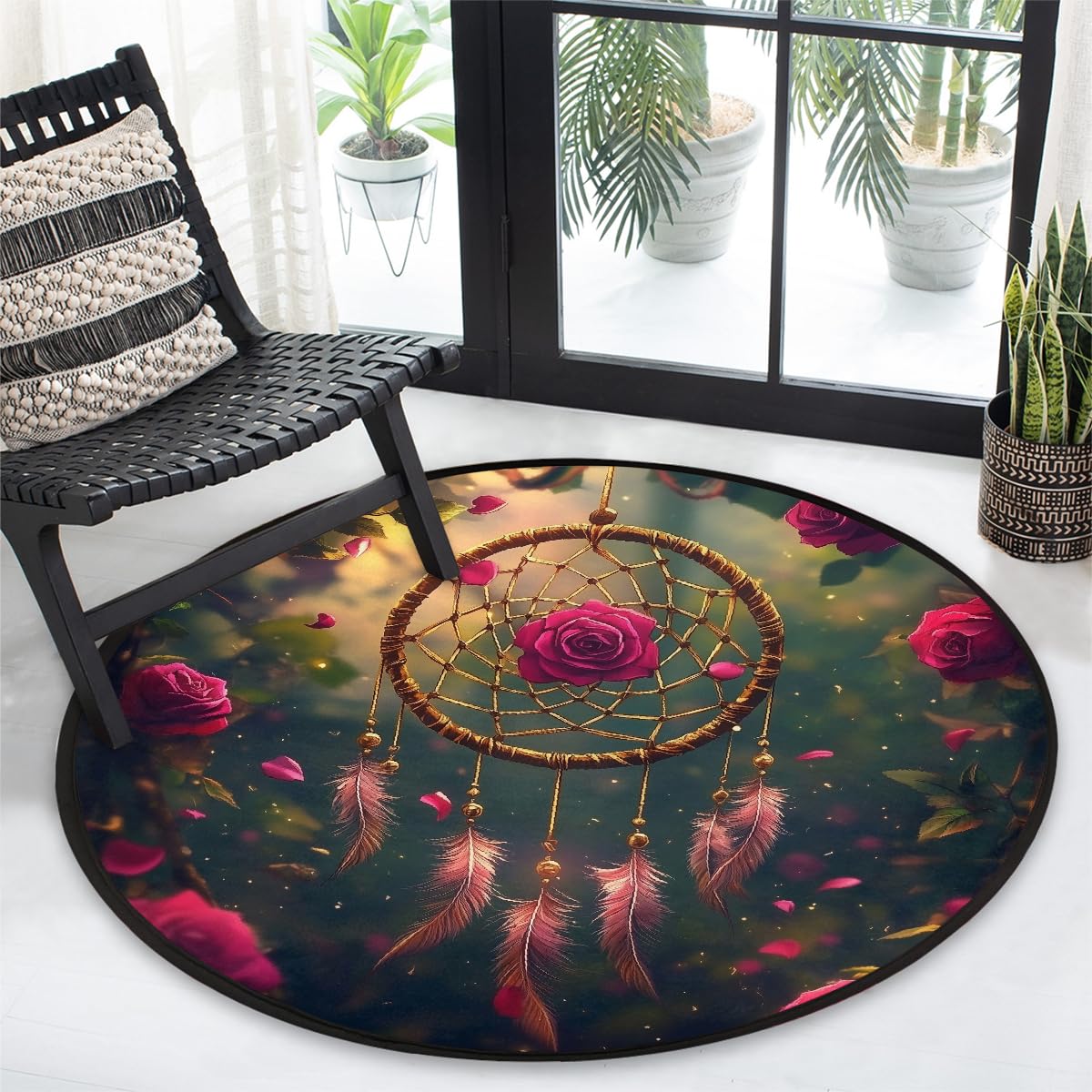 Rose Forest Traumfänger-Teppich, rund, waschbar, Gaming-Teppich für Schlafzimmer, Wohnzimmer, Arbeitszimmer, Bodenmatte, 160 cm