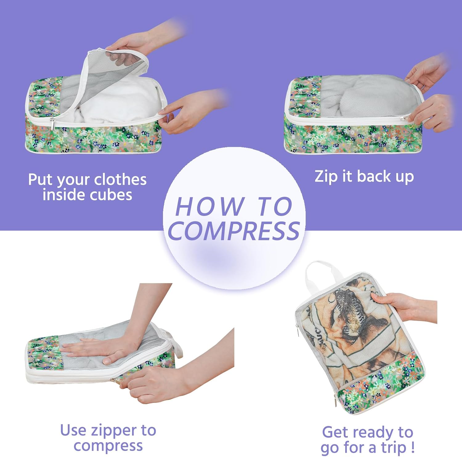 7 Pcs Compression Packing Cubes for Travel, Waterproof Suitcase Luggage Backpack Organizer with Toiletry Bag Travel Essentials for Women/Men-Flowers - Image 5