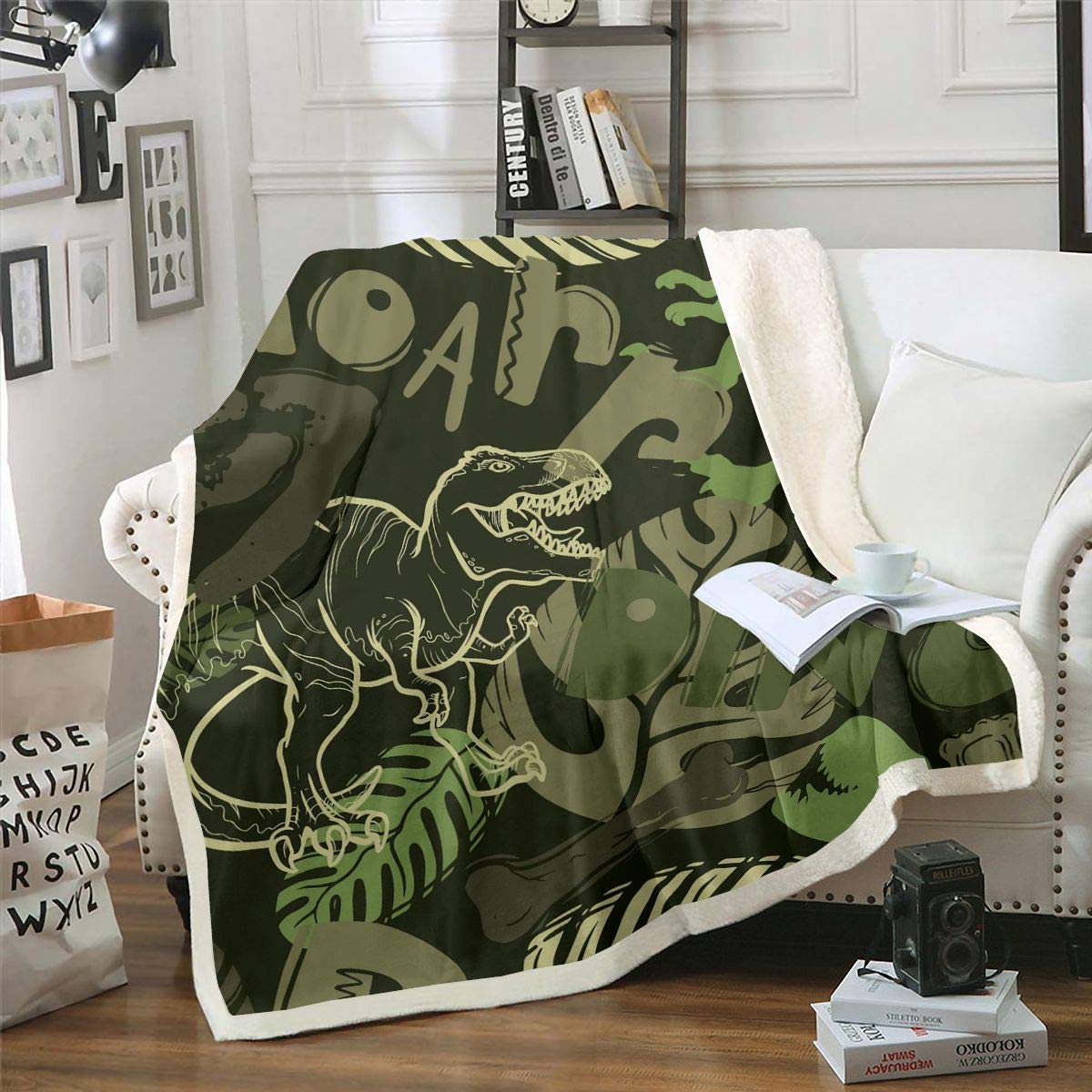 Homemissing Multicolored 31 Jurassic Dinosaur Plush Blanket T-Rex Bones Fleece Throw Blanket Prehistoric Jungle Animals Sherpa For Sofa Bed Cute Cartoon Dino Single 50X60 Inch