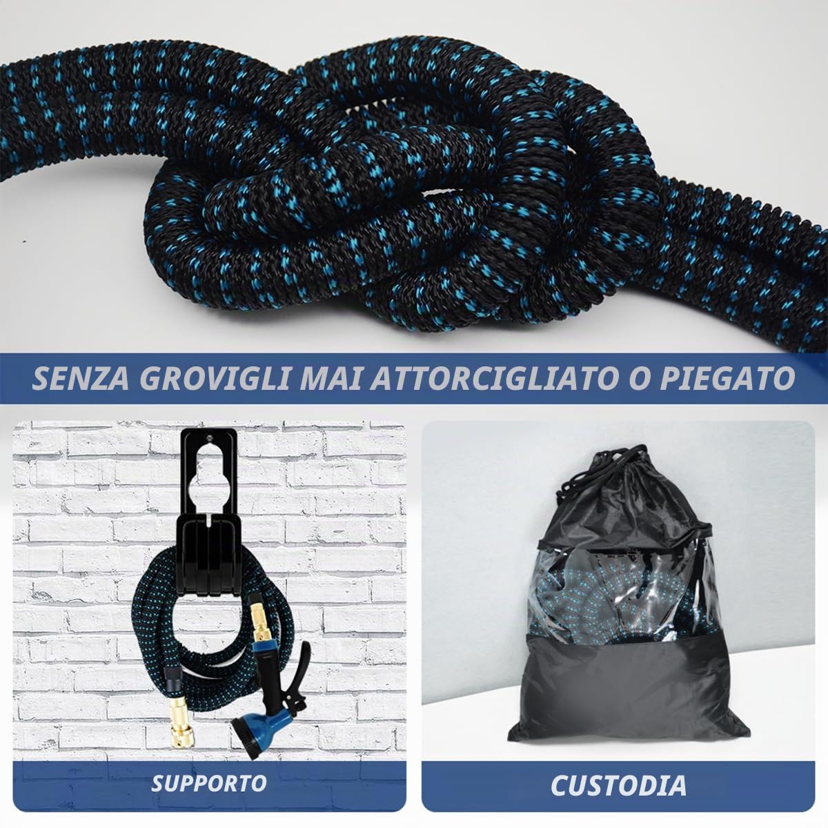 Tubo Estensibile da Giardino 30m/100ft, Tubo Acqua con Raccordi in Ottone da 1/2" e 3/4'', Canna con 10 Modalità Spruzzo per Irrigazione e Lavaggio