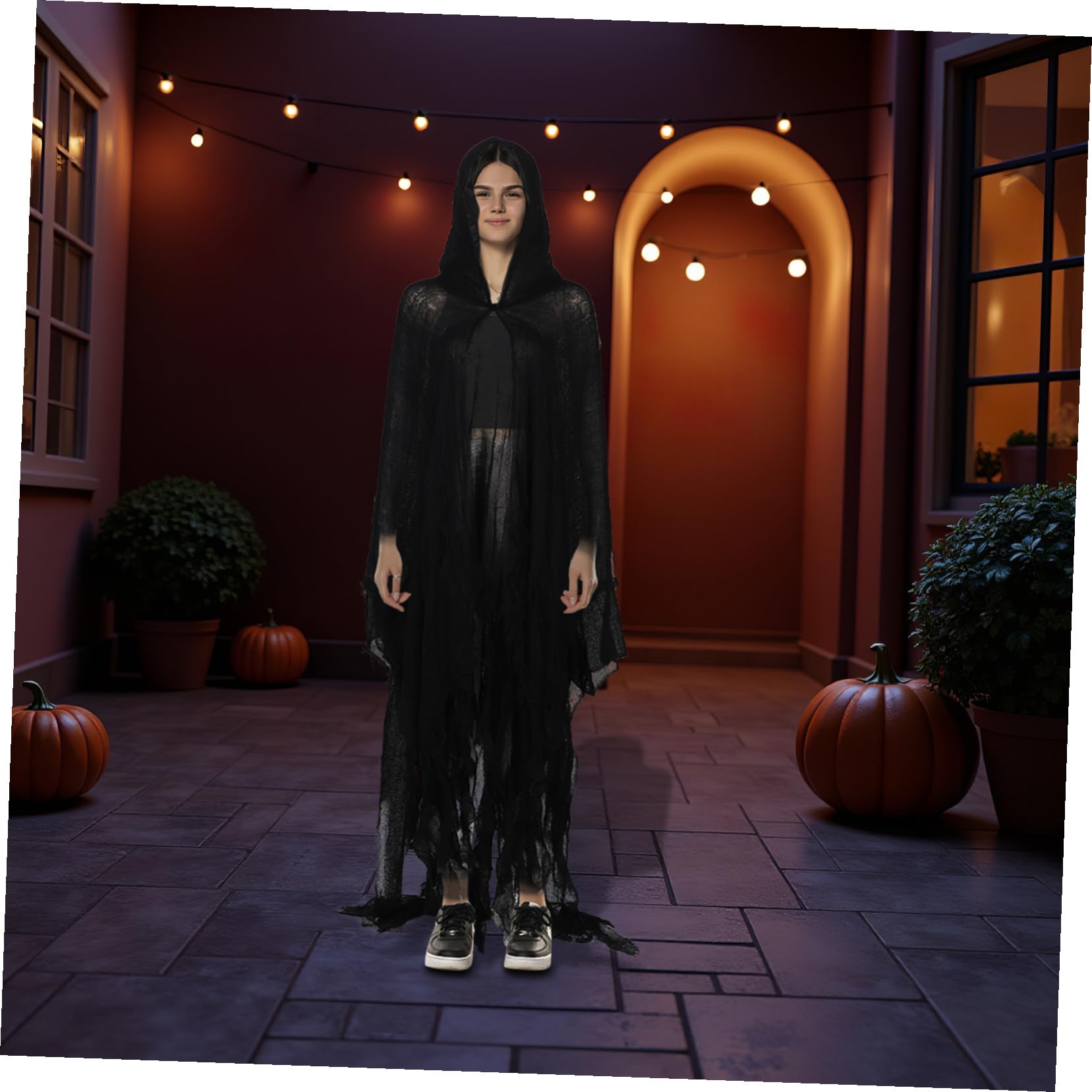 Cape de Costume Halloween à Capuche, Noir en Tissu, Style Médiéval