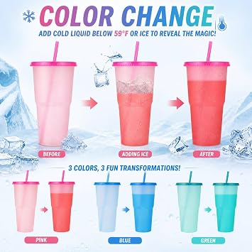 NINU 40 oz Plastic Cups with Lids and Straws, 3 Pack Reusable Color Changing Tumblers, BPA-Free Large Cold Drink Cups for Iced Coffee, Smoothies, Travel, Car Cup Holder, Parties