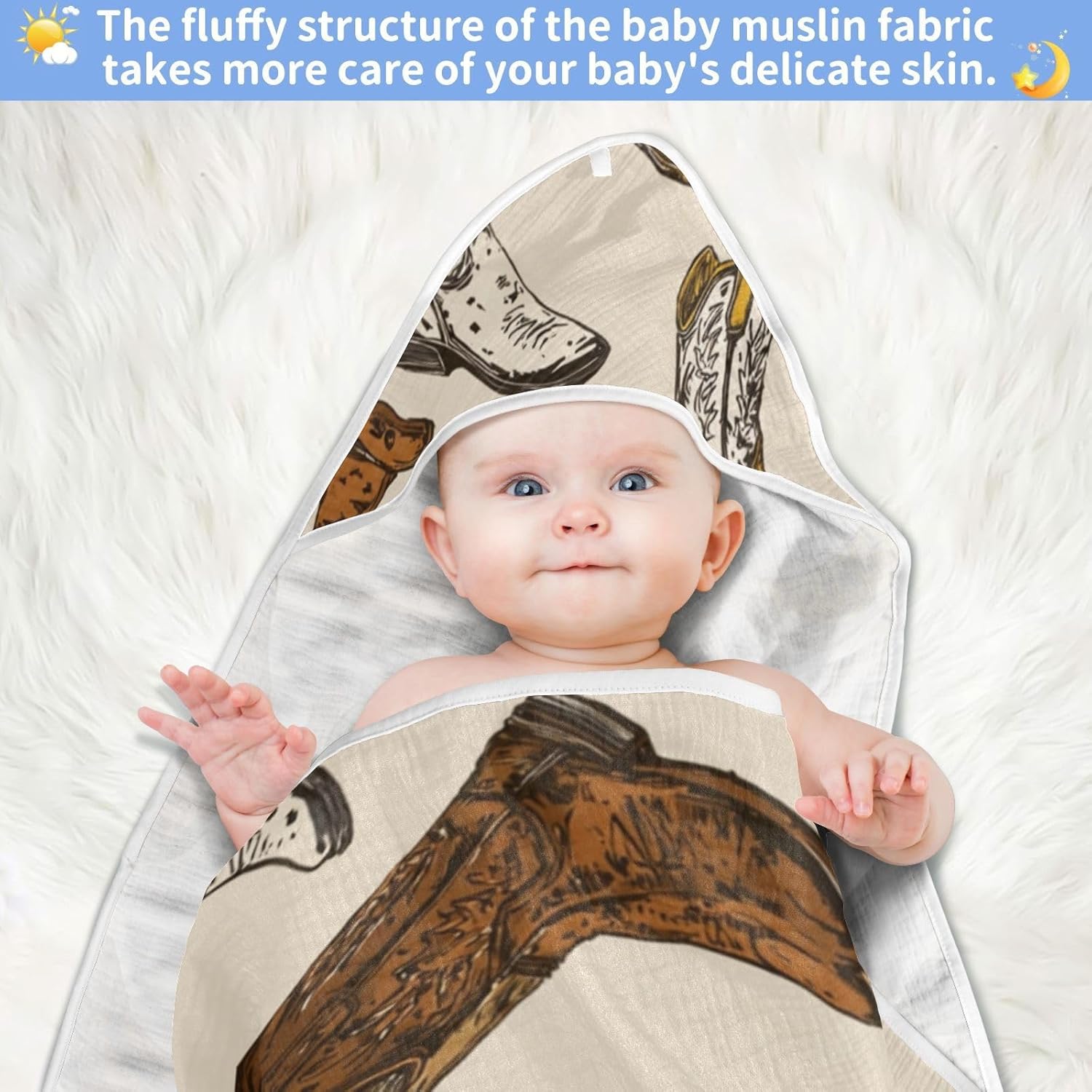 Caikeny Baby Towel Cowboy Boots Baby Hooded Towel Brown Soft Cotton Bath Towels for Baby Newborns Hooded Towel for Boys Girls Infants Toddlers 35x35 Inch