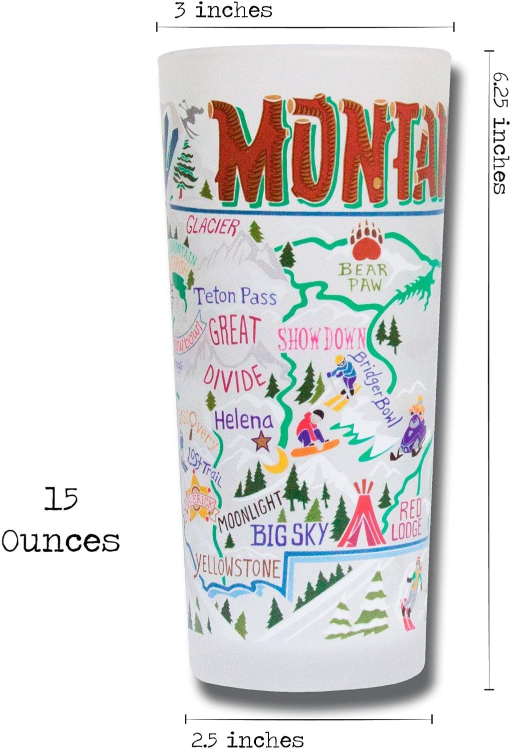 Catstudio Drinking Glass, Ski Montana Frosted Glass Cup for Kitchen, Drinking Glasses, 15oz Dishwasher Safe Tumbler for Skiing Lovers