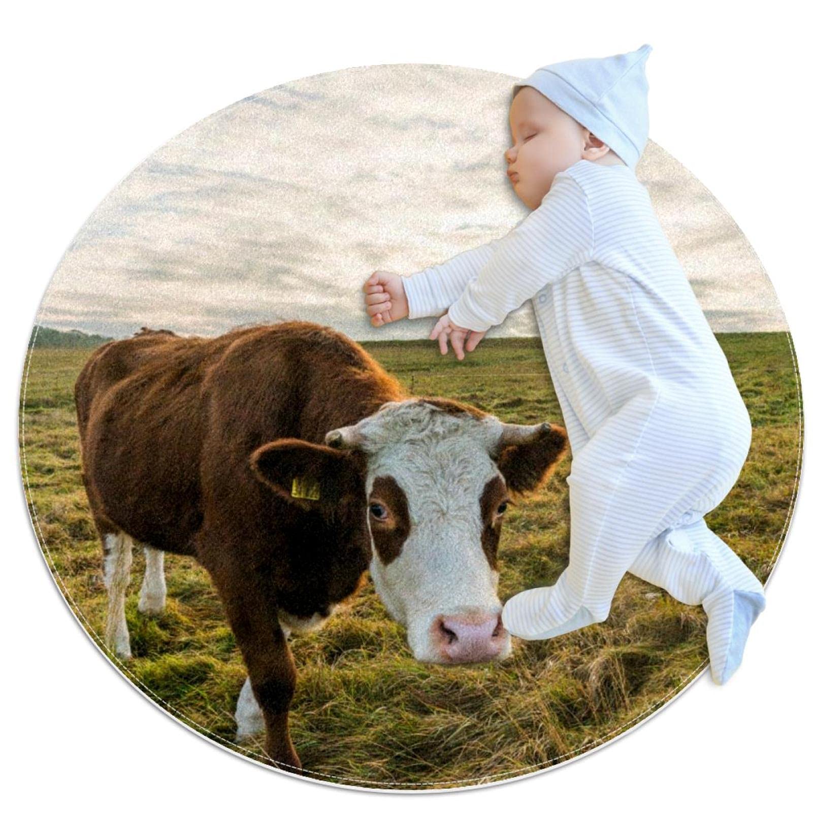 Tapis de salle de bain bleu ciel et vache rond idéal pour chambre d'enfant