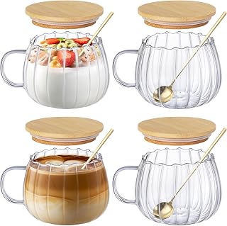 Anhow Juego de 4 Vasos de Vidrio, 450ml Tazas de Café de Vidrio Borosilicato, Taza de Desayuno con Tapa y Juego de Cuchara, para Leche, Café, Avena, Té, Yogurt, Latte, Bebidas Calientes/Heladas