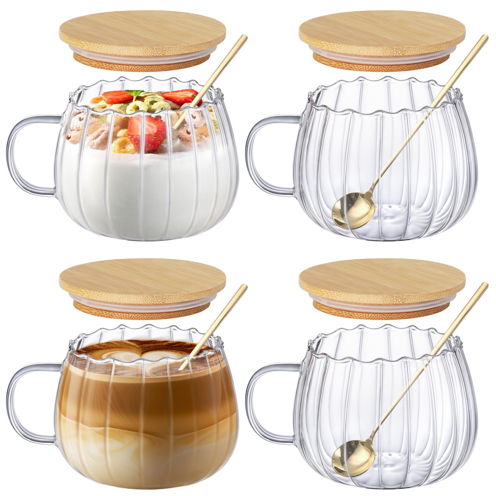 4 filiżanki do cappuccino, 450 ml, szklanki do latte macchiato, odporne na wysokie temperatury, z pokrywką i łyżeczką, do latte / cappuccino/napojów/herbaty/kawy - przezroczyste
