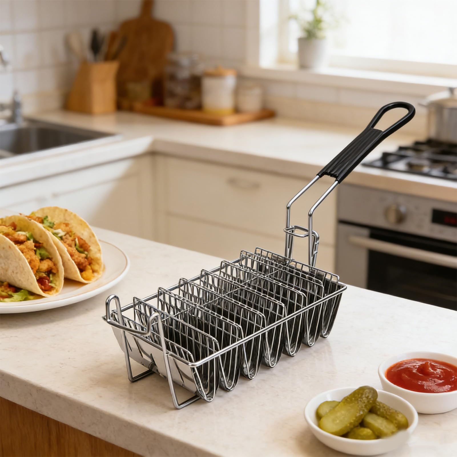 Greensen 8 Cestas para Freír Tacos, Molde de Acero Inoxidable para Tacos en Forma de V con, para Cocina Familiar, Restaurante o Tienda de Pollo frito.