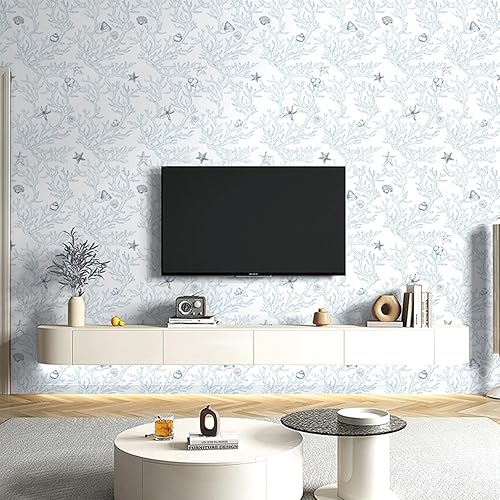 Miniatura 7 de MyFun Gen 2 - Papel pintado de coral marino azul claro revestimiento de doble capa, textura gruesa, opaco de alta cobertura, 11 yardas 47 pies