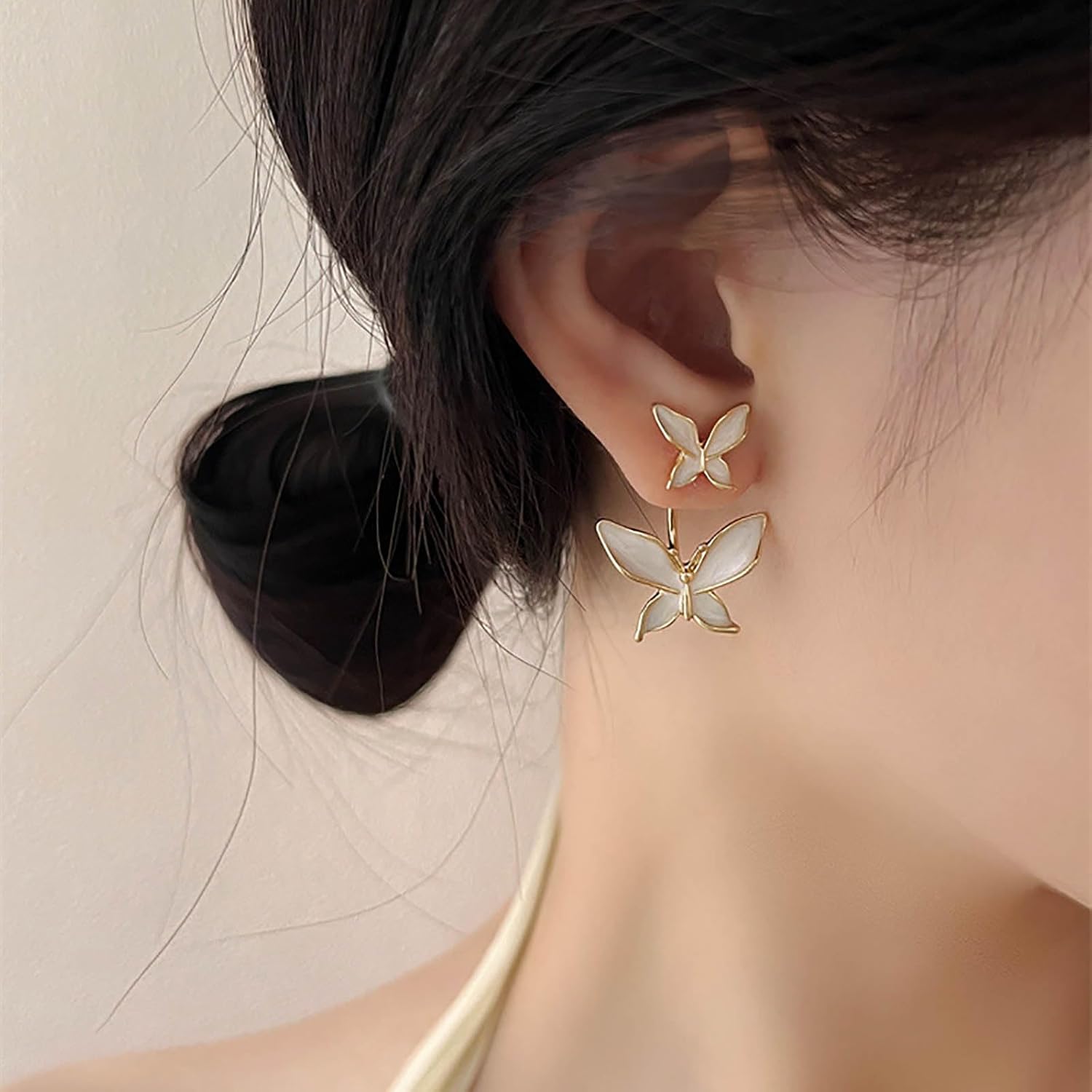 Boho Butterfly Ear Jacket Earrings Butterfly Drop Dangle Earrings White Butterfly Stud Earrings Charm Wedding Earrings Two Ways Front Back Earrings for Women and Girls Gifts - Image 5