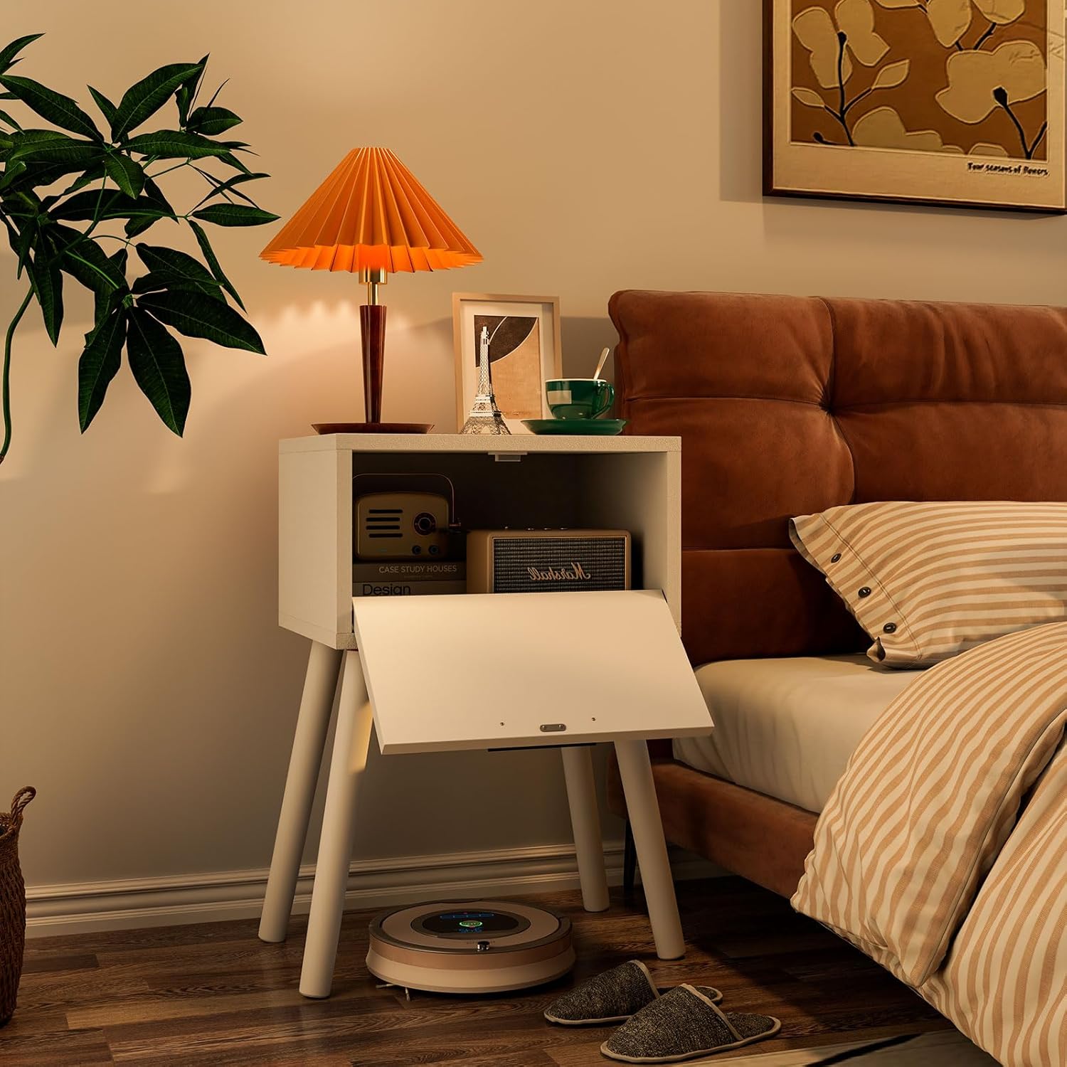 YMYNY Nightstand Set of 2, End Table, Small Bedside Table, Handmade Rattan Decorated Drawer, Solid Wood Legs, Modern Side Table for Bedroom and Small Spaces, White UHST010W-2