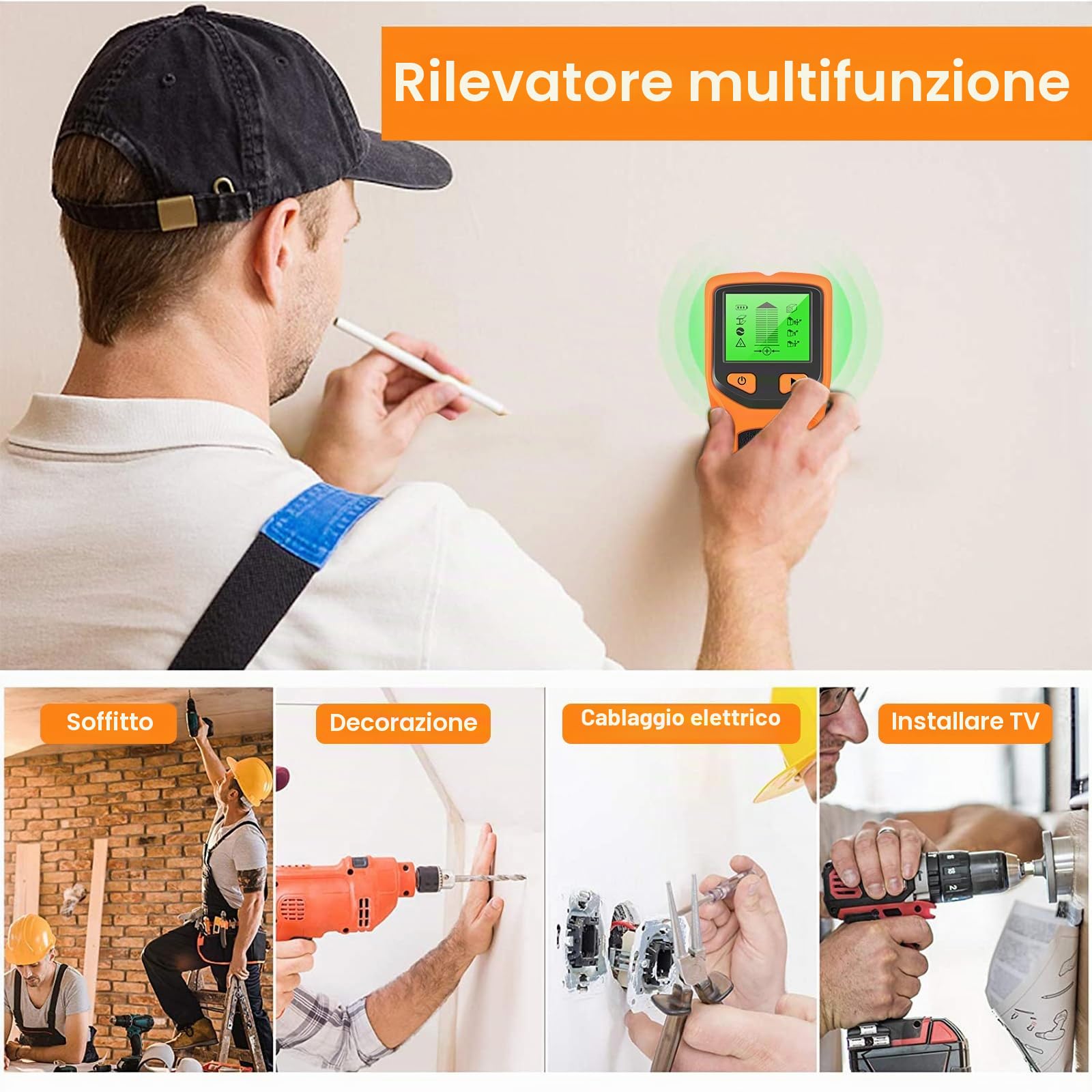 DEWINNER Rilevatore di Parete 5 in 1 Rilevatore di Metalli da Parete con Display LCD Rilevatore di Monti, Scanner a Parete per Localizzare Metalli,Tasselli in legno, Cavi elettrici CA