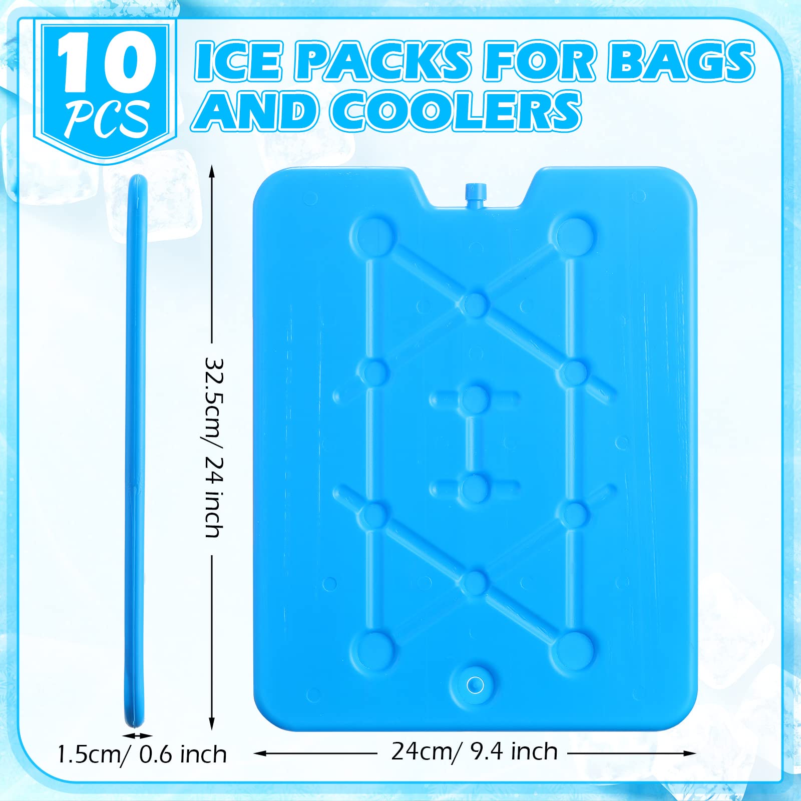 Lot de 10 grands blocs de glace réutilisables pour glacière - 25,4 x 33 cm - Économie d'espace - Durable - Pour garder les aliments frais