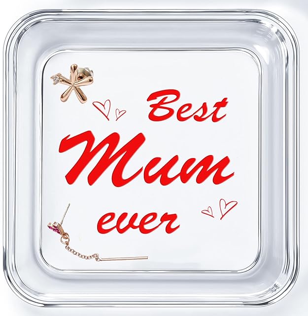 ERWEI Gifts for Mum Ring Trinket Dish Printed with Best Mum ever Crystal Jewellery Holder Mothers Day Birthday Christmas Thanksgiving Gifts for Mom Mother