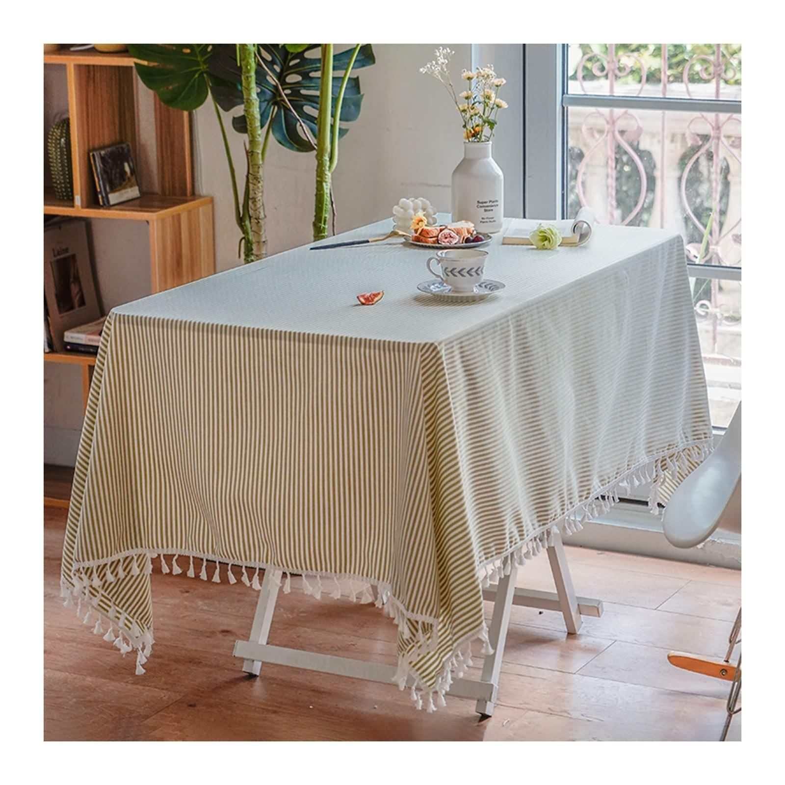 Tovaglia Lino 140X140, Copri Tavolo Cucina Elegante Verde Chiaro Striscia con Nappa Decorativa per Compleanno Festa Matrimonio