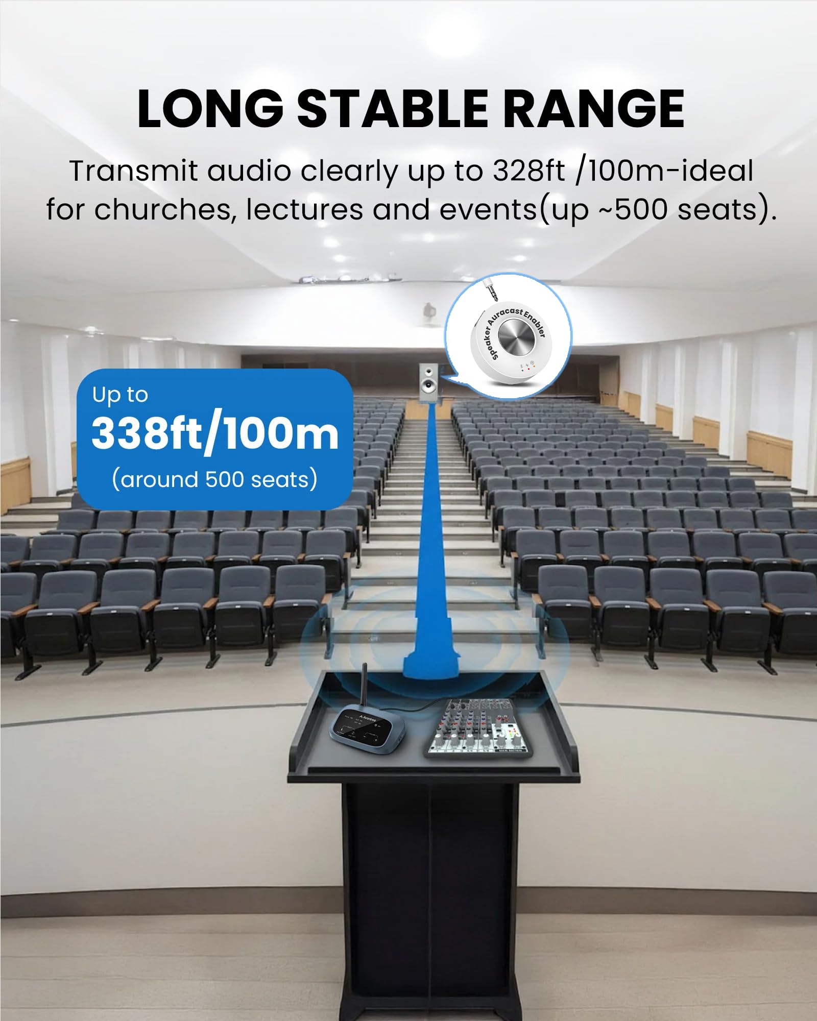 Avantree AuraLink – Récepteur Auracast & Bluetooth Classique, pour Haut-Parleurs Et Systèmes Audio, Portée 100 M, 20 H D'Utilisation Portable Ou Stationnaire, Diffusion Multiple pour Auditeurs
