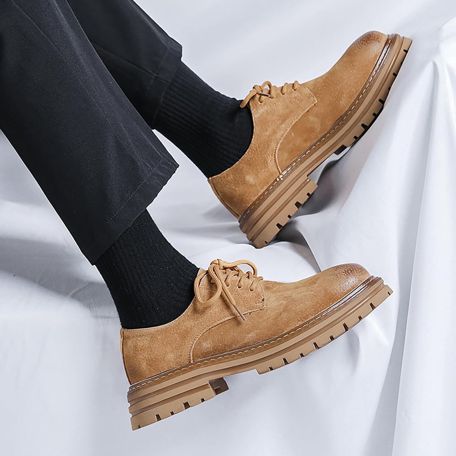 Men's Classic Leather Round Toe Platform Oxfords Lace Up Chunky Heel Lug Sole Derby Shoes Comfort Fashion Business Dress Shoes - Image 5