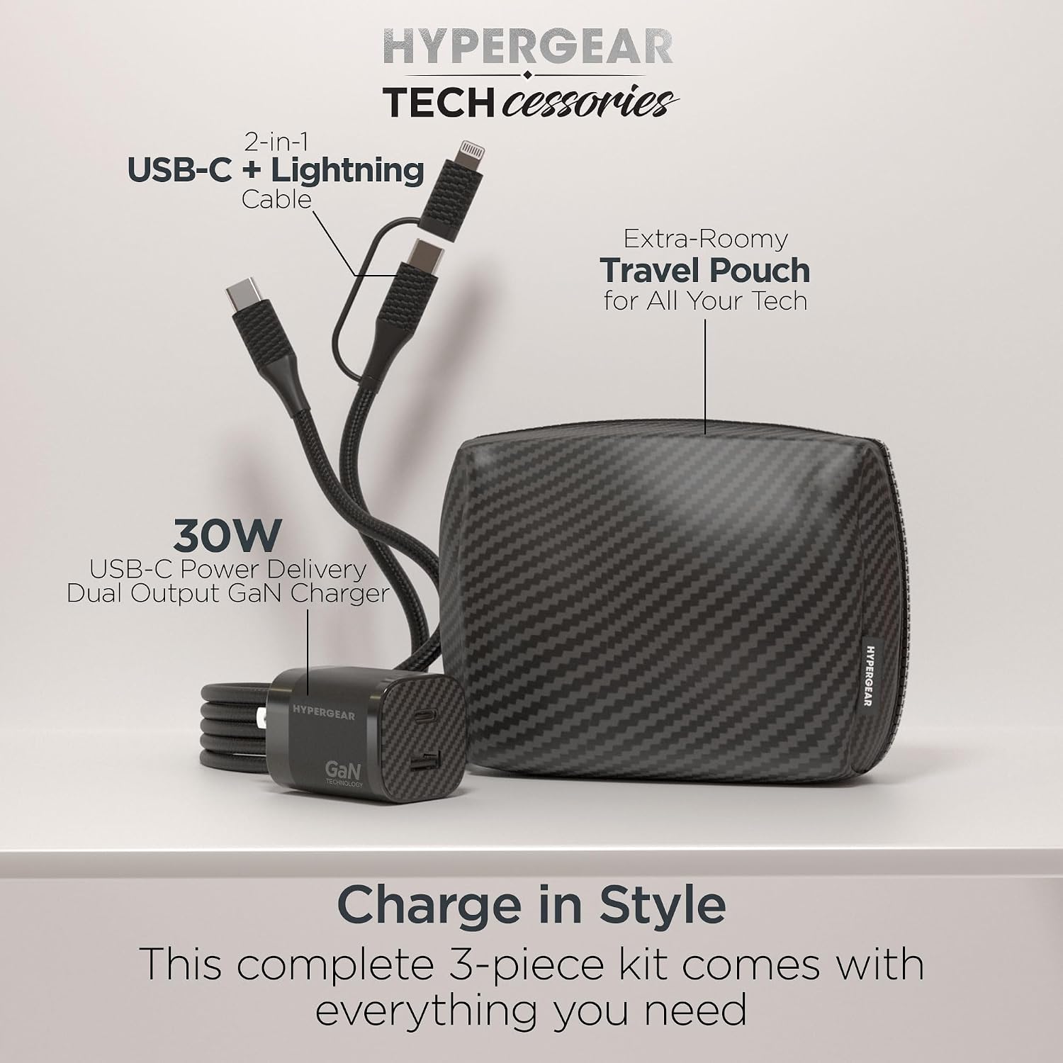 HyperGear 30W GaN USB C Cable with USB-C Charger Block (Carbon Fiber), 2-in-1 Lightning Cables & Type C Chargers Fast Charging Cord Kit High Speed Cable Fast Charger for iPhone Android with Pouch