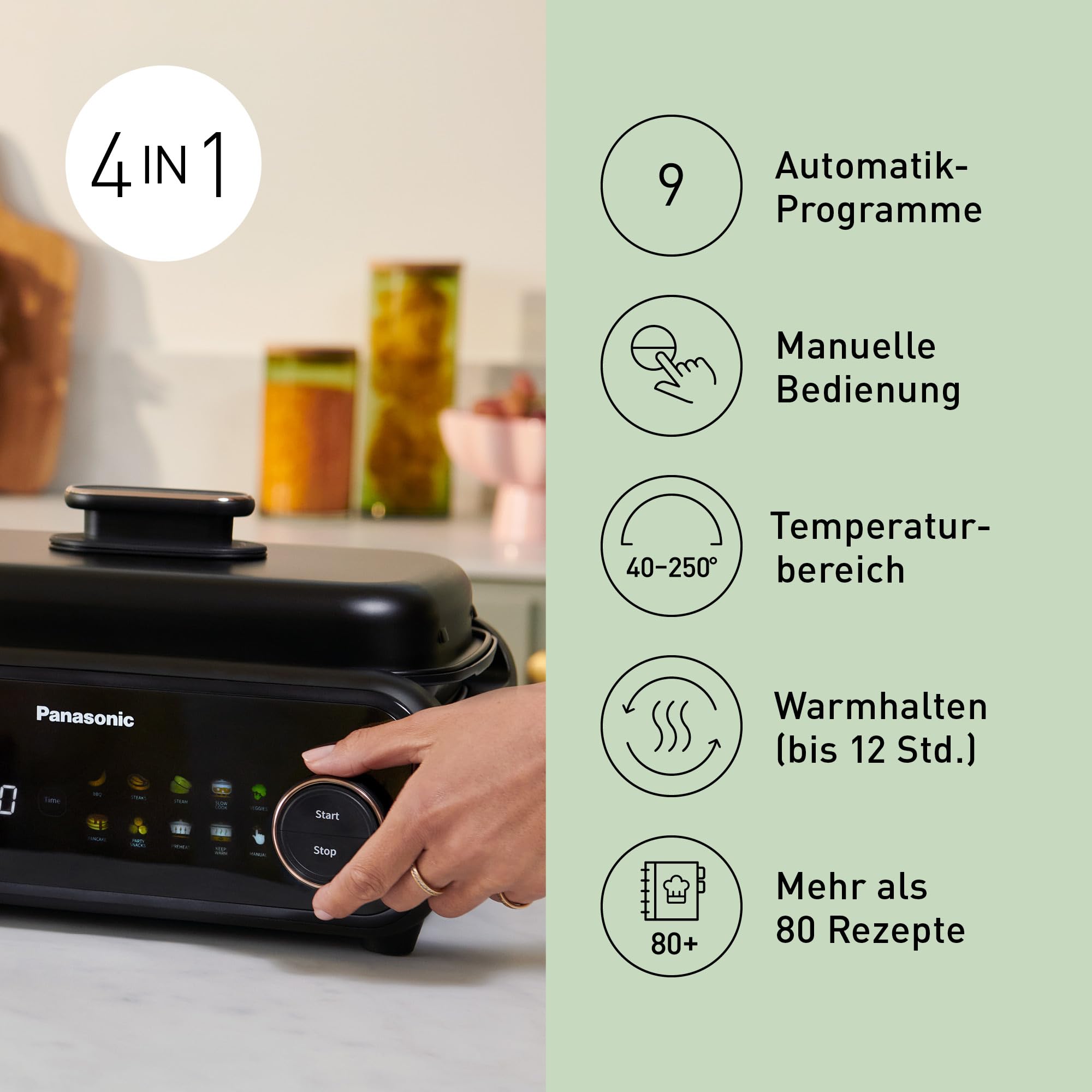 Panasonic NF-GM400 4-in-1 Elektro-Multikocher, Elektro Tischgrill, Braten, Slow Cook, BBQ, Dämpfen, Sautieren, 1400W, 40–250°C, 9 Auto-Modi, 4 Antihaftplatten, Rauchabsaugung, Schwarz