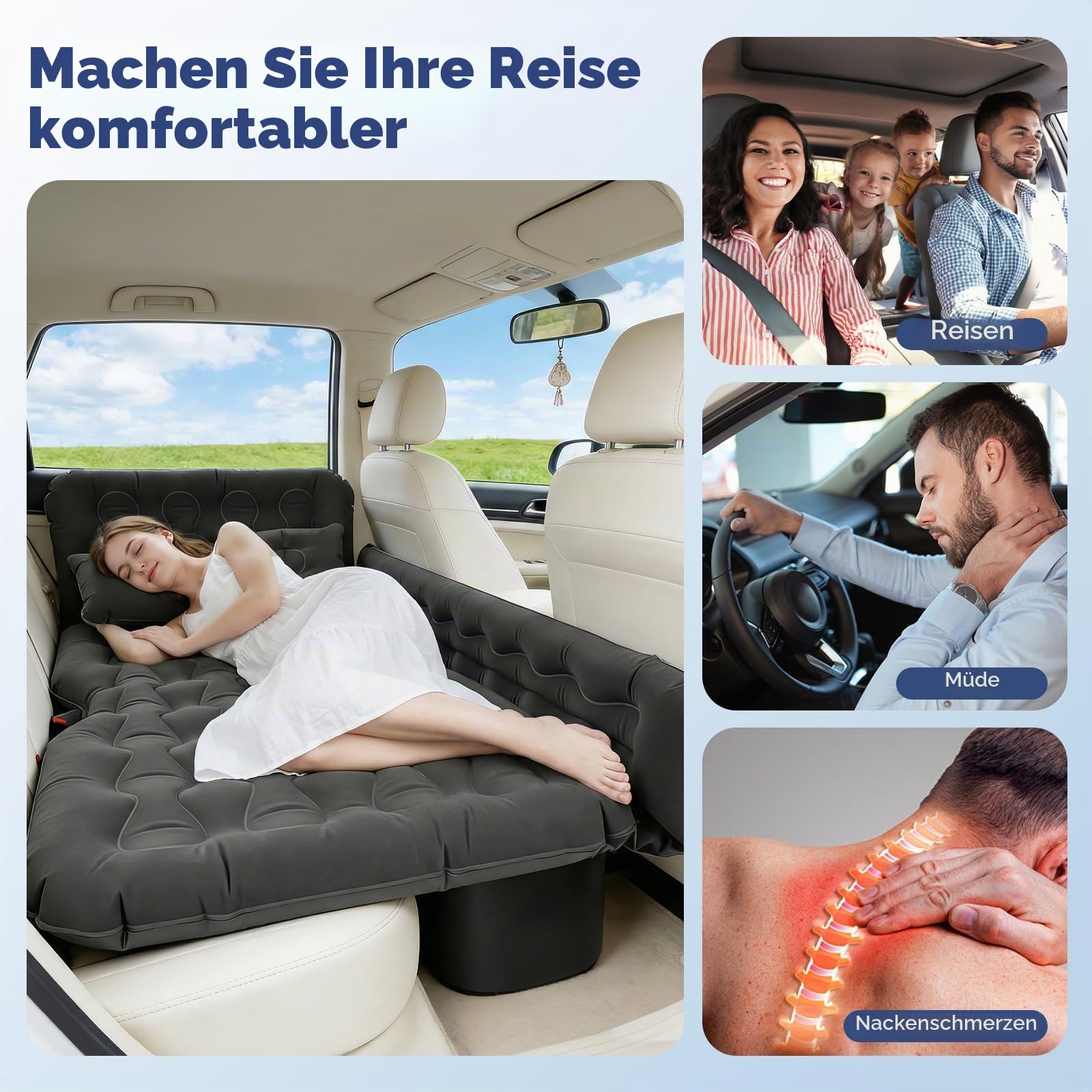 Luftmatratze Auto, 175x105CM SUV Aufblasbare Matratze, Matratze Kofferraum mit Luftpumpe, 2 Kissen & 2 Lückenfüller, Tragbares Doppelseitiges Dickeres Autobett, Reisecamping im Freien