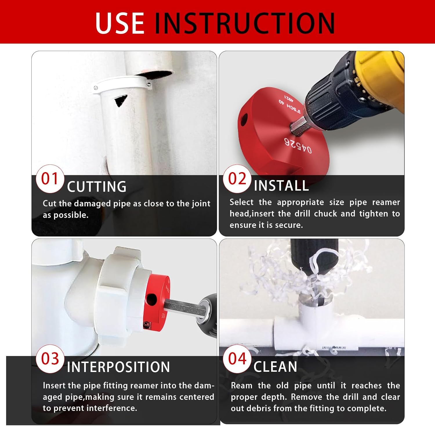 04529 for PPRK6 Plastic Pipe Fitting Reamer, PVC Reed Pipe Reamer Kit Contains 3/4",1",1-1/2",2",3",4" Aluminum Head Fit into Standard 1/2" Drill for CPVC, PPR or ABS