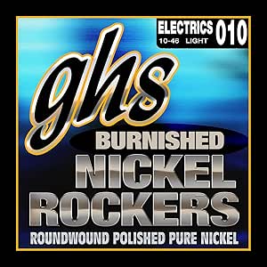 GHS Strings BNR-L Burnished Nickel Rockers, Polished Pure Nickel Electric Guitar Strings, Light (10-46)