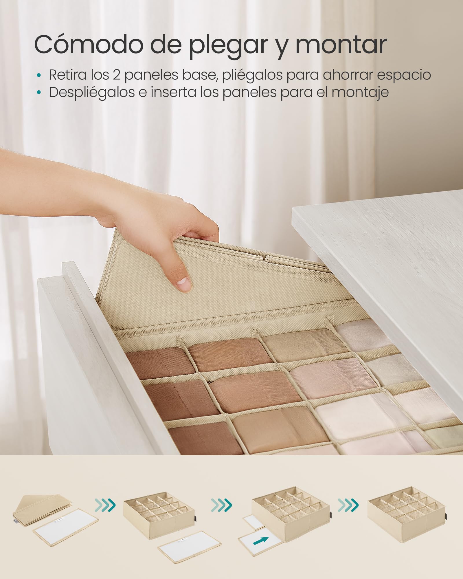SONGMICS Juego de 4 Organizadores de Cajones, 80 Compartimentos, Cajas Plegables, 30x30x10 cm, Beige Arena