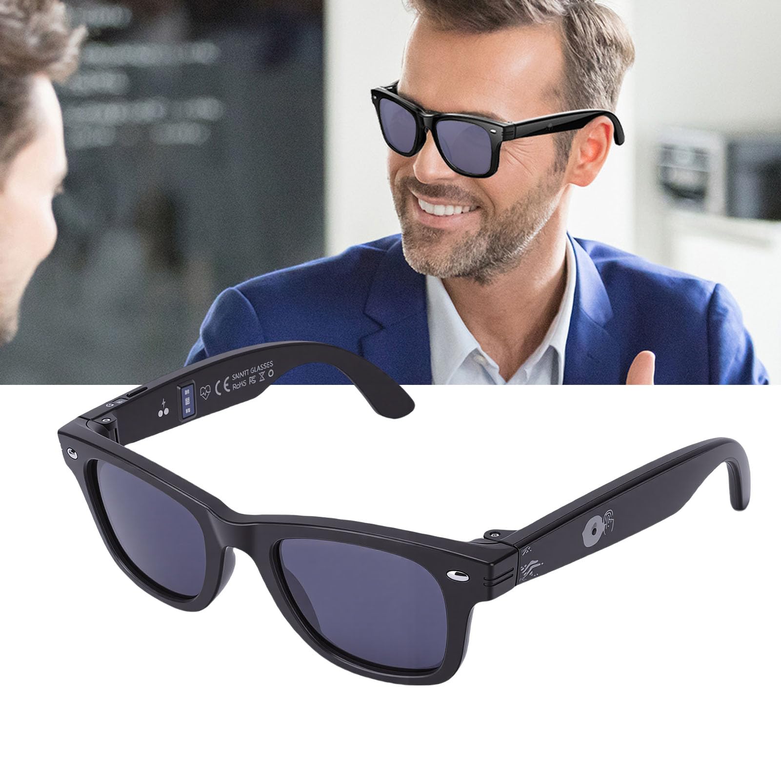Jectse Lunettes Intelligentes AI, Traduction en Temps Réel Bluetooth 5.3 avec Prise en Charge ChatGPT 4.0, pour Les Appels Musicaux et Les Voyages Internationaux