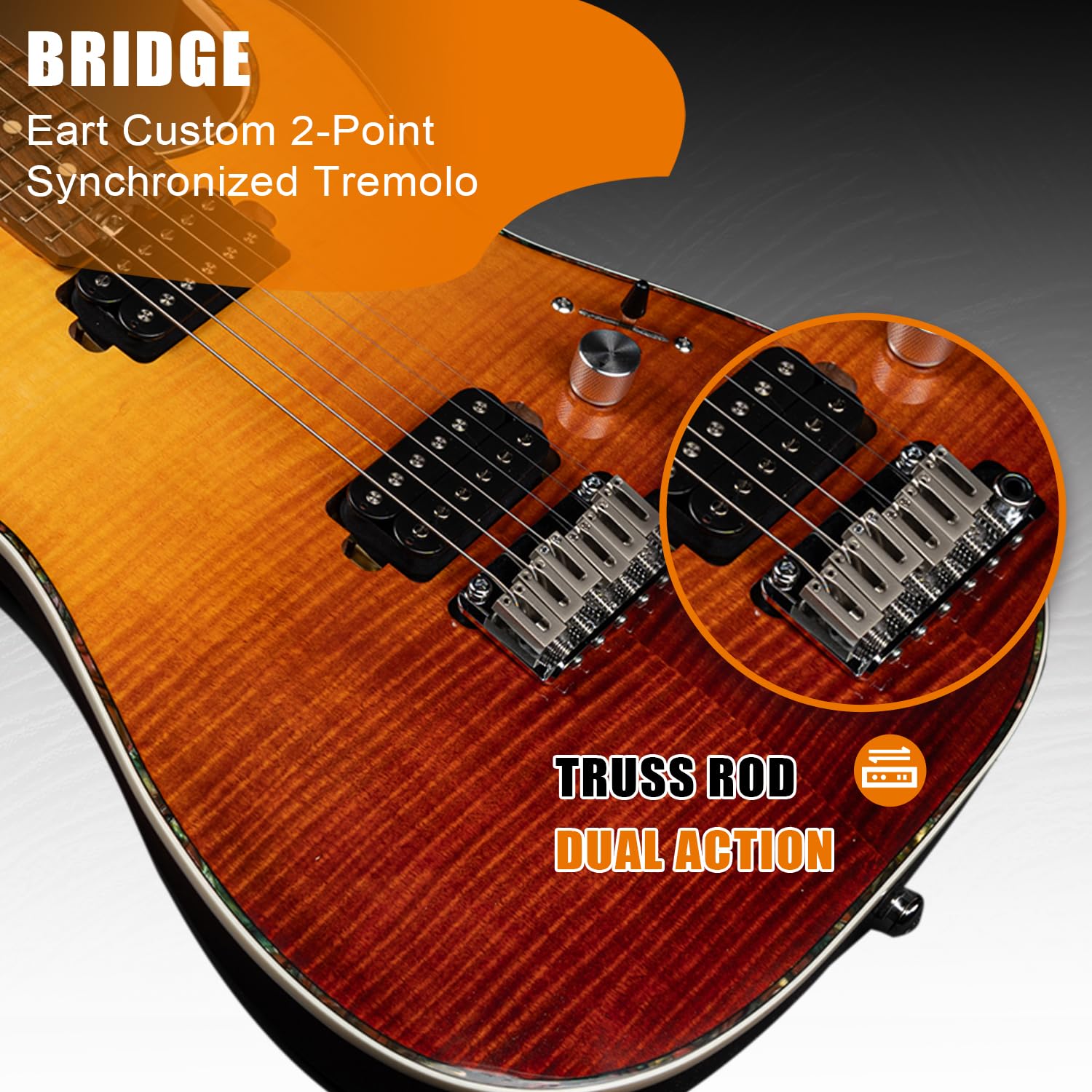 EART Guitare électrique EYP-Elite à corps solide avec corps en acajou grillé et érable flammé, extrémités arrondies, frettes jumbo moyennes en acier inoxydable (Rouge éclat)