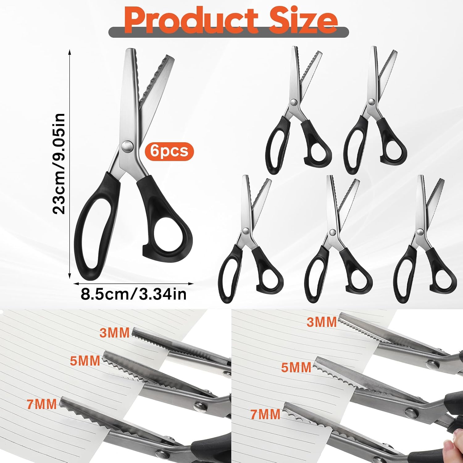 6 Pcs Pinking Shears Scissors for Crafting and Paper Cutting, 3mm 5mm 7mm Triangle Scalloped Serrated Scissors 9" Zig Zag Scissors Handheld Serrated Jagged Dressmaking Supply for Paper Craft