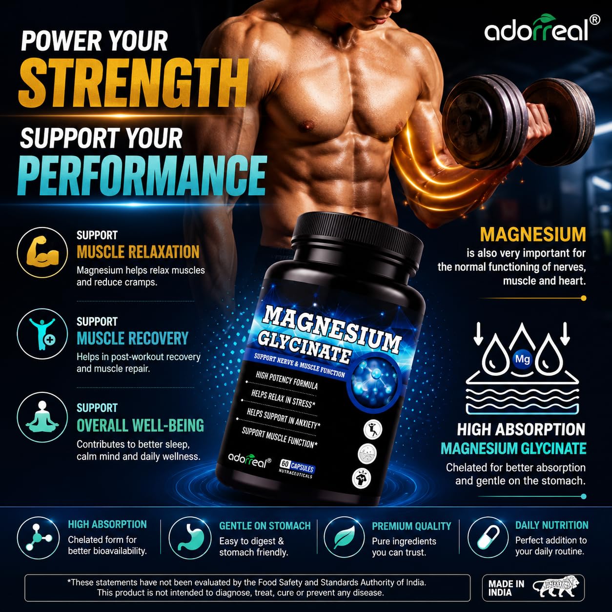 Adorreal High Absorption Magnesium Glycinate 750mg | 165mg Elemental Mineral | Supports Muscle Recovery, Nerve Health, Relaxation & Sleep | 60 Veg Capsules 1