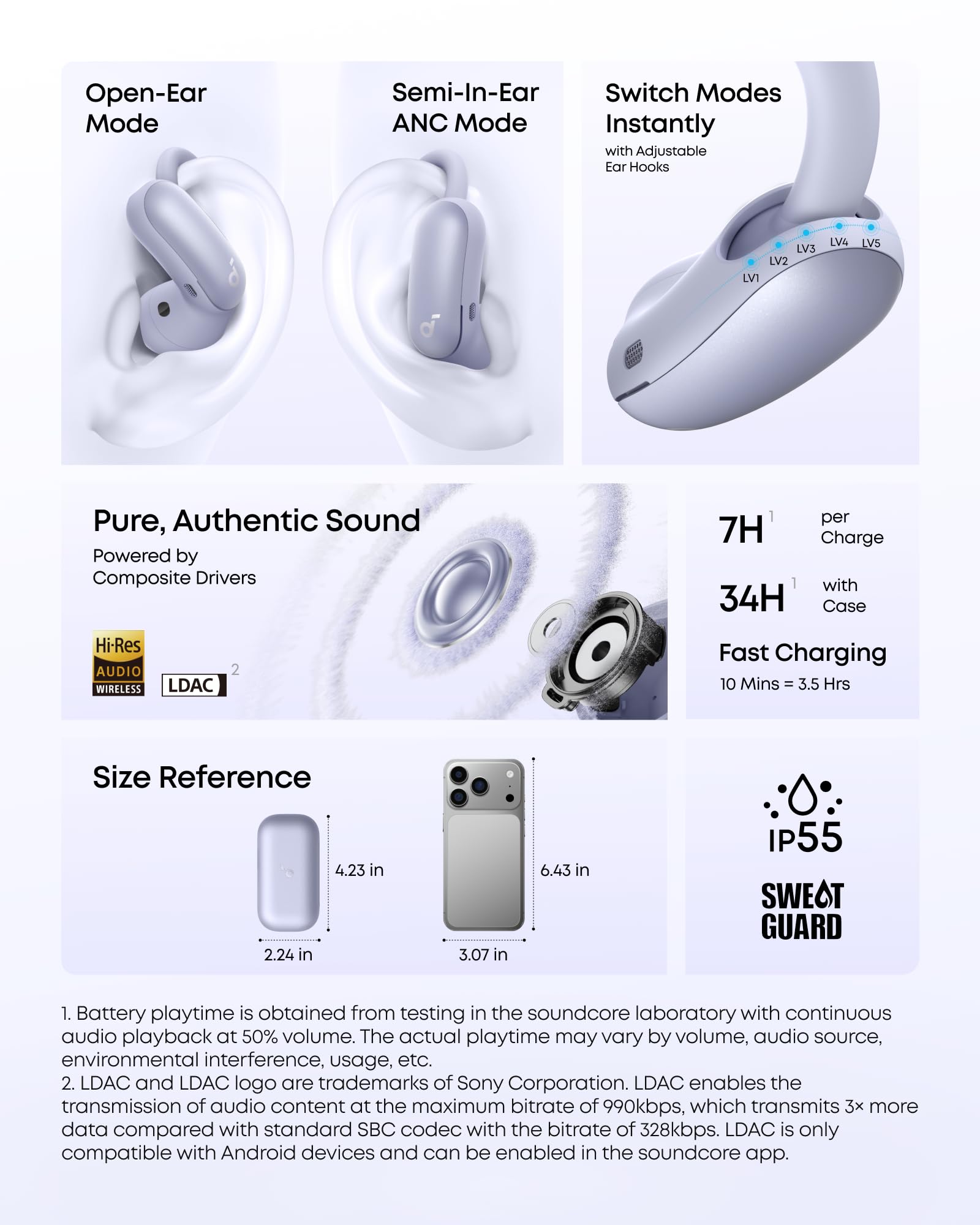 Soundcore AeroFit 2 Pro by Anker, Auricolari Dual-Form, Open-Ear e ANC, Ganci Regolabili 5 Livelli, Driver 11,8mm, Audio Hi-Res LDAC, 4 Mic Chiamate AI, IP55, Ricarica Wireless