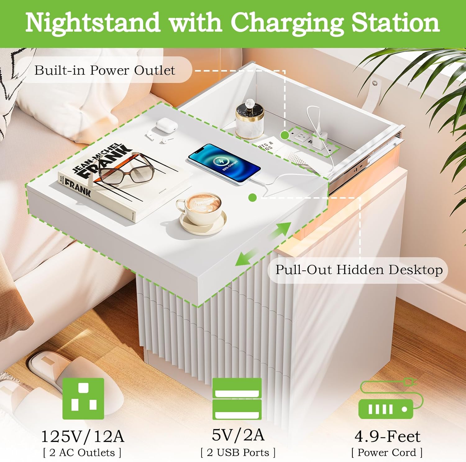 LED Nightstand with Charging Station, Modern Fluted Bedside & End Table with 3 Drawers, Sliding Top & Hidden Storage, Wooden Farmhouse Night Stand for Bedroom Office Sofa, White