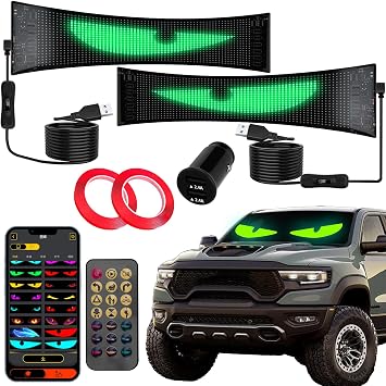 2-Pack LED Eyes for Car Windshield, 14"x4.3" Programmable Animated Devil Eyes Light Display, Flexible Waterproof LED Matrix Panel for Sedan SUV Truck, Bluetooth App & USB Powered
