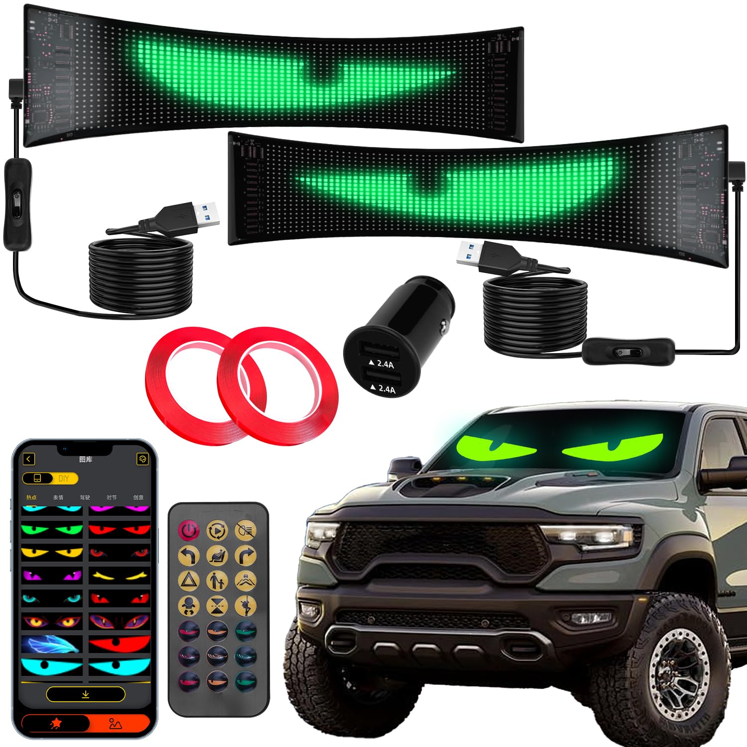 2-Pack LED Eyes for Car Windshield, 14"x4.3" Programmable Animated Devil Eyes Light Display, Flexible Waterproof LED Matrix Panel for Sedan SUV Truck, Bluetooth App &amp; USB Powered