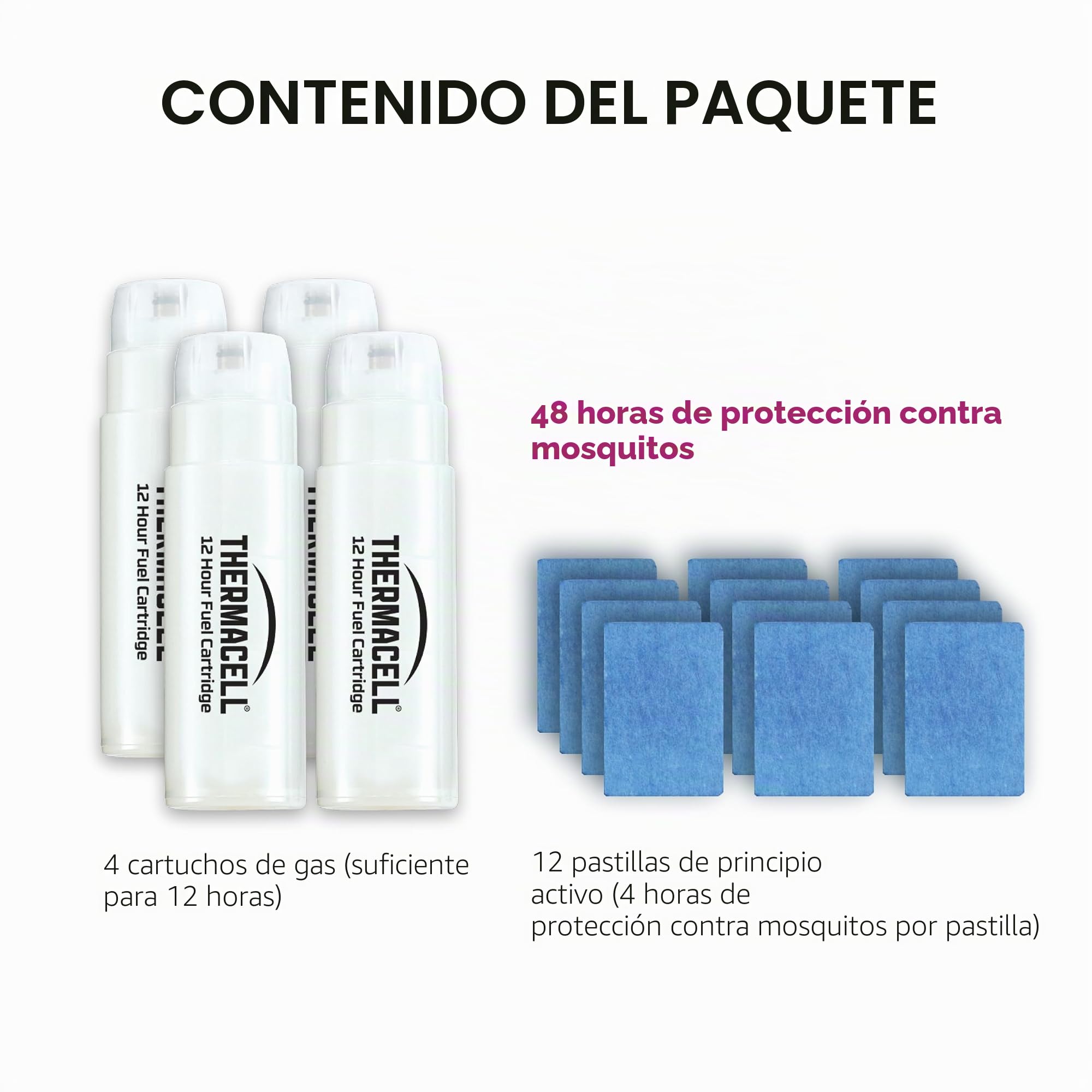 Thermacell Recambio Repelente de Mosquitos, Protección Eficaz 20 m², Compatible con Todos los Dispositivos, 48 Horas de Duración, 4 Cartuchos + 12 Pastillas + Guantes de regalo