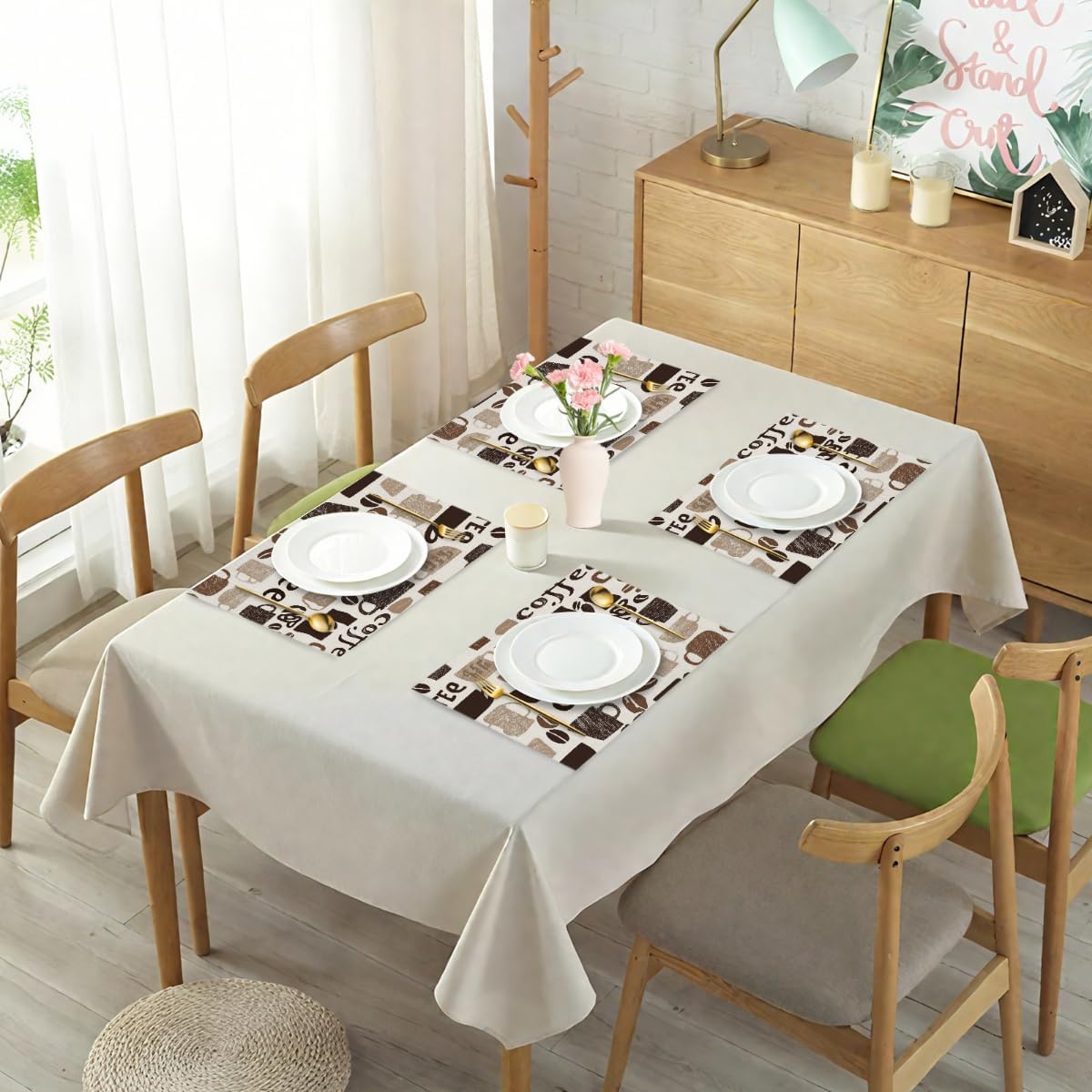 Vinyl Placemats Set of 4 for Dining Tables,Brown Coffee Theme Cup Kitchen Table Mats Heat Resistant Washable Wipeable PVC Place Mat for Indoor Outdoor Seasonal Party