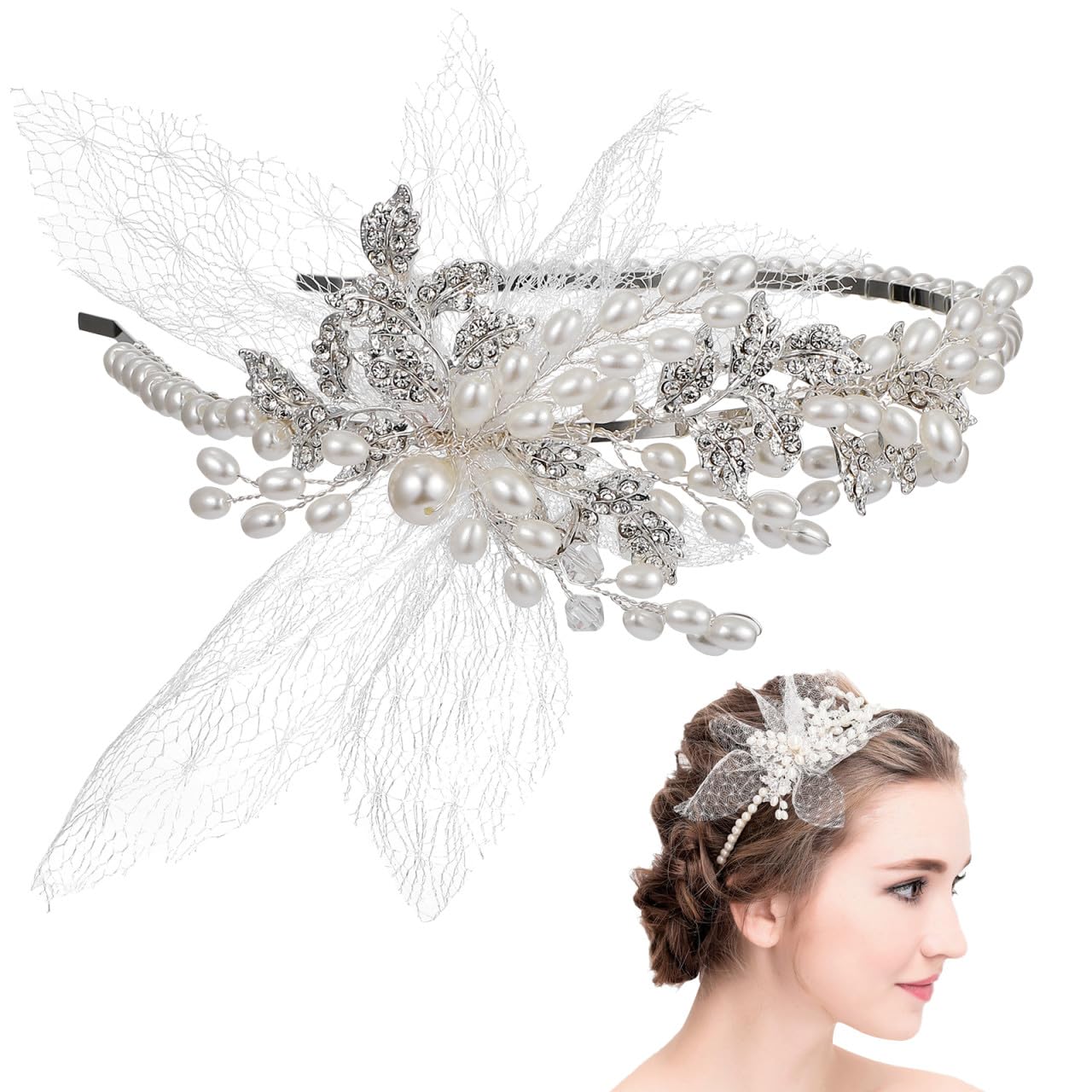 Diadema de Novia Perlas y Gemas de Imitación Color Marfil | Aleación Ligera, Estilo Elegante para Boda y Fiestas, para Novias y Mujeres