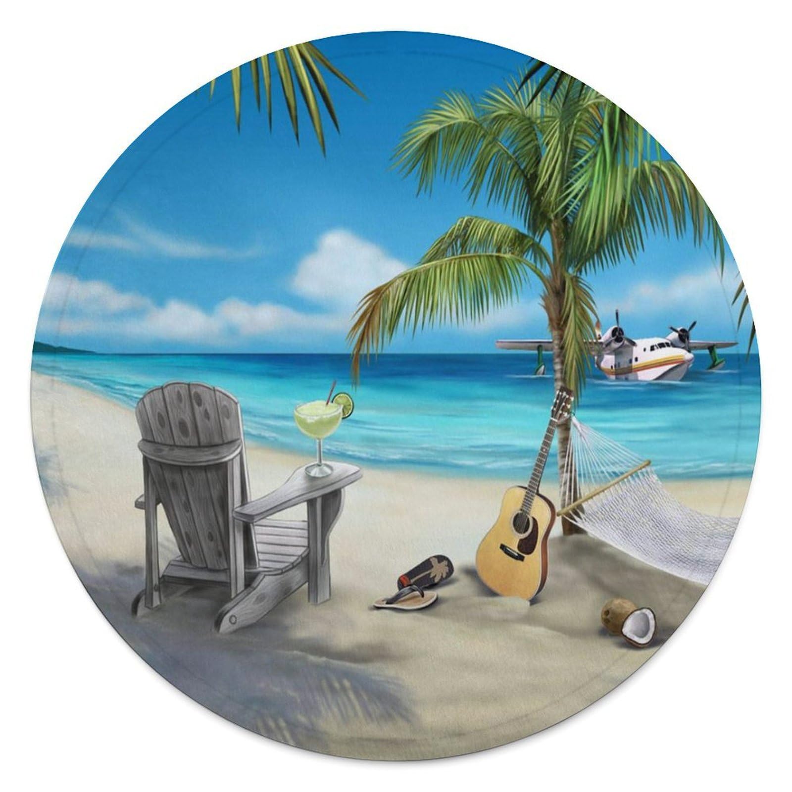 FekiLoot Guitar on The Beach Round Flannel Throw Blanket, 59.1 Inch Diameter Single Sided Printed Fleece Blanket, Multipurpose Foldable Decor Cover for Couch Office Camping Home Furnishing