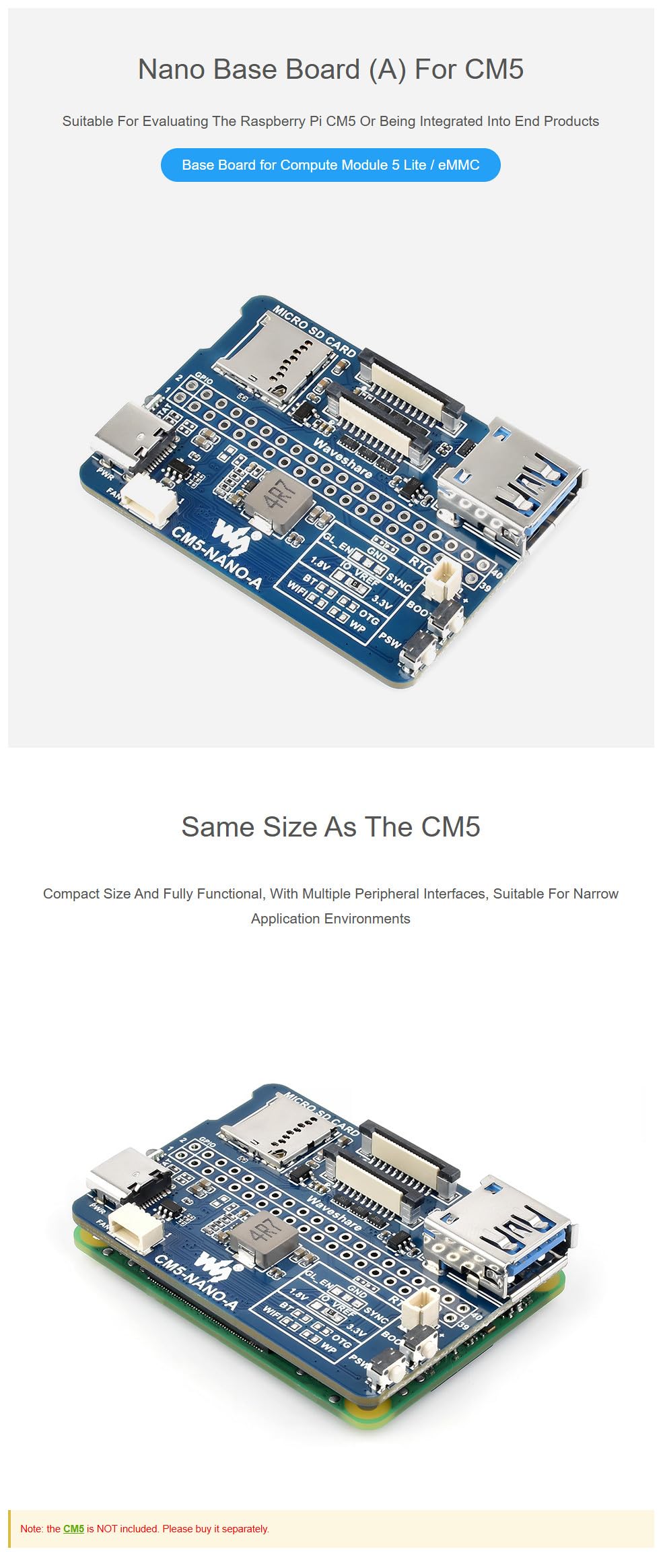 Nano Base Board For Raspberry Pi Compute Module 5 - Compact IO Board With USB 3.2, GPIO & MIPI Interfaces
